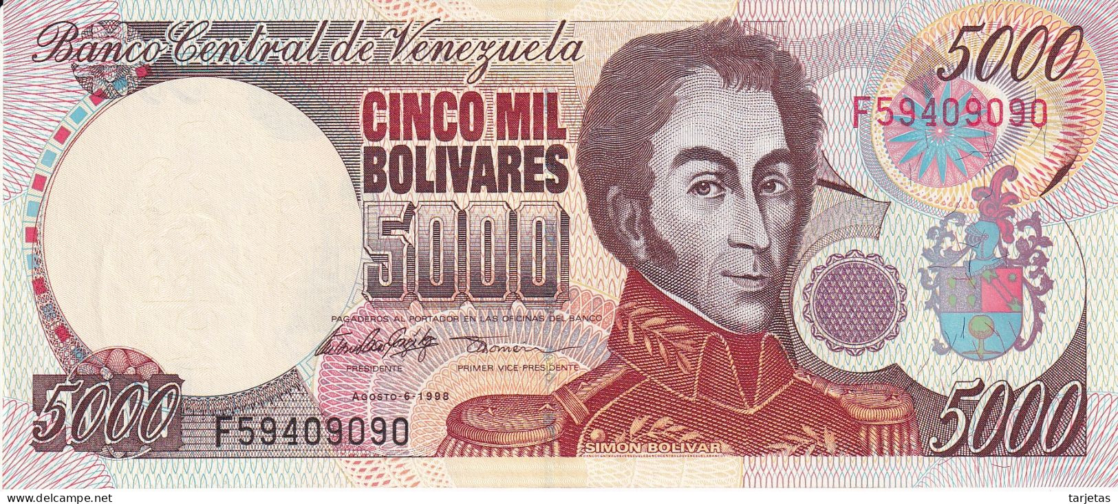 BILLETE DE VENEZUELA DE 5000 BOLIVARES DEL AÑO 1998 SIN CIRCULAR (UNC) (BANKNOTE) - Venezuela