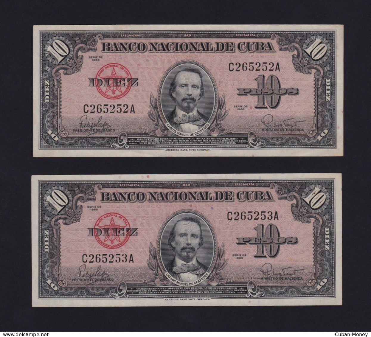 CUBA 10 Pesos 1960 SC /UNC Pick #96 Pareja Consecutiva - Cuba