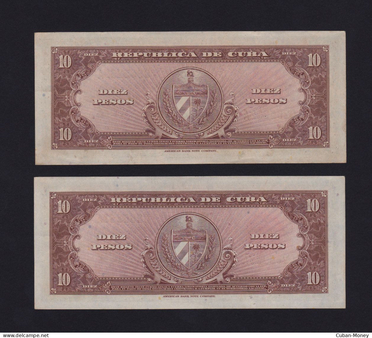 CUBA 10 Pesos 1960 SC /UNC Pick #96 Pareja Consecutiva - Kuba