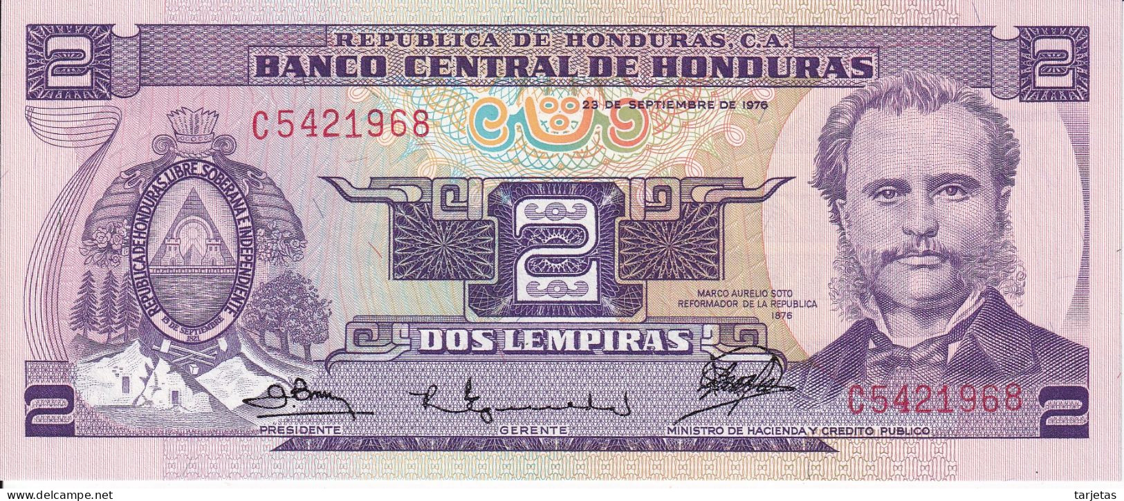 BILLETE DE HONDURAS DE 2 LEMPIRAS DEL AÑO 1976 SIN CIRCULAR (UNC) (BANKNOTE) - Honduras