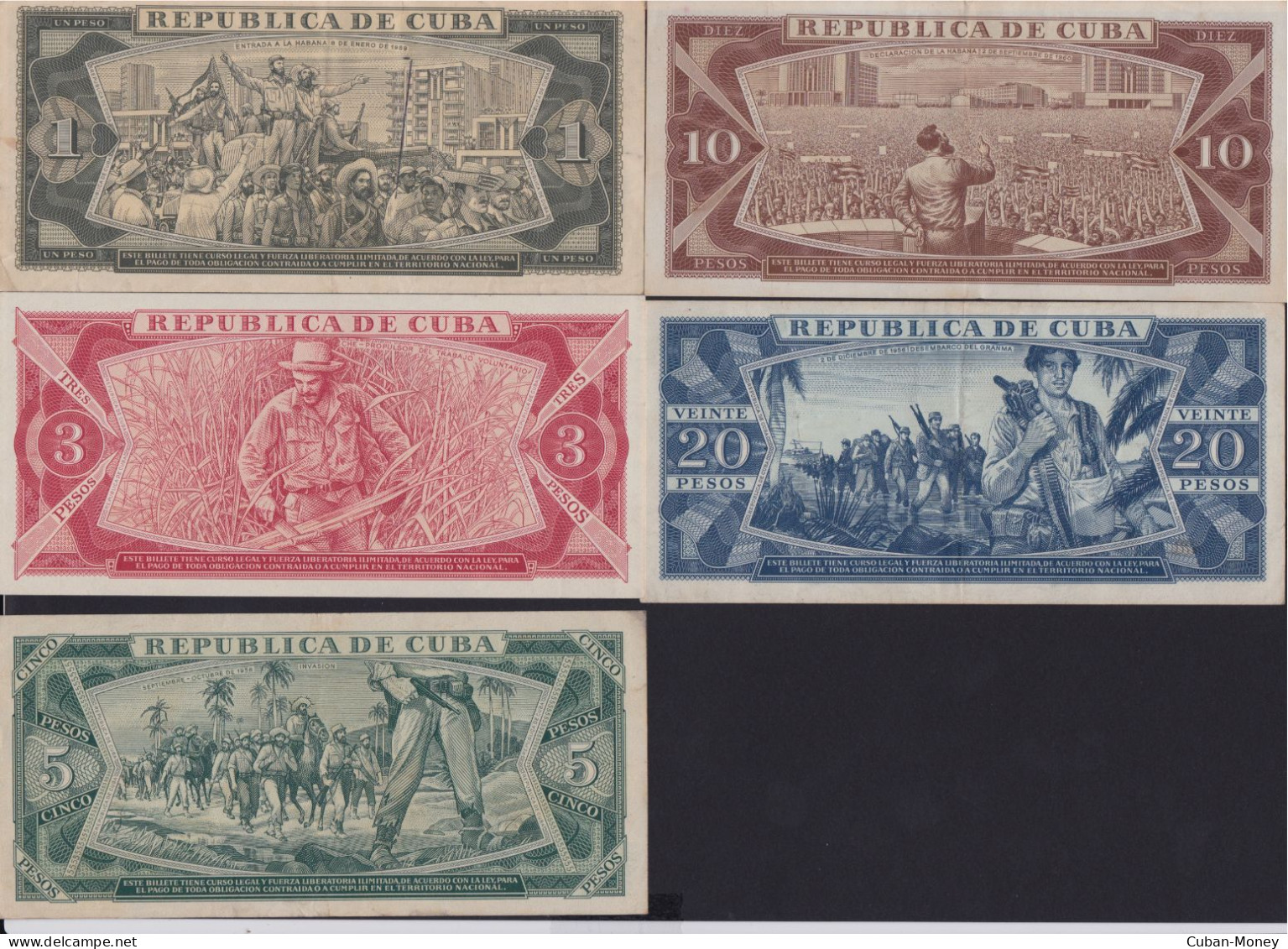 Cuba Lote De 5 Billetes De 1/3/5/10/20 Pesos De Varios Años Y Varios Estados De Conservaciòn. - Kuba