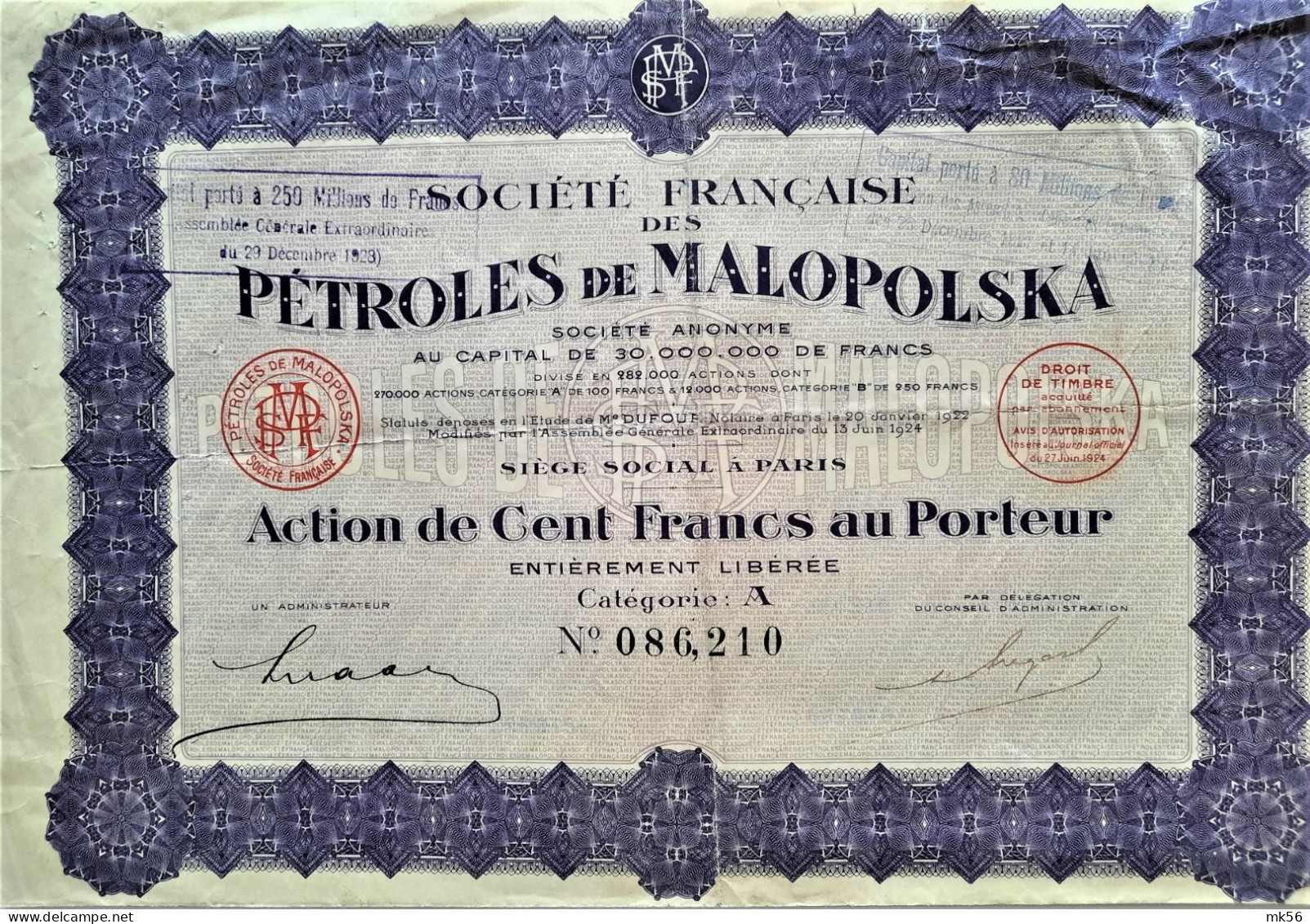 Société Française Des Pétroles De Malopolska - Pologne - 1924 - Action Au Porteur - Oil