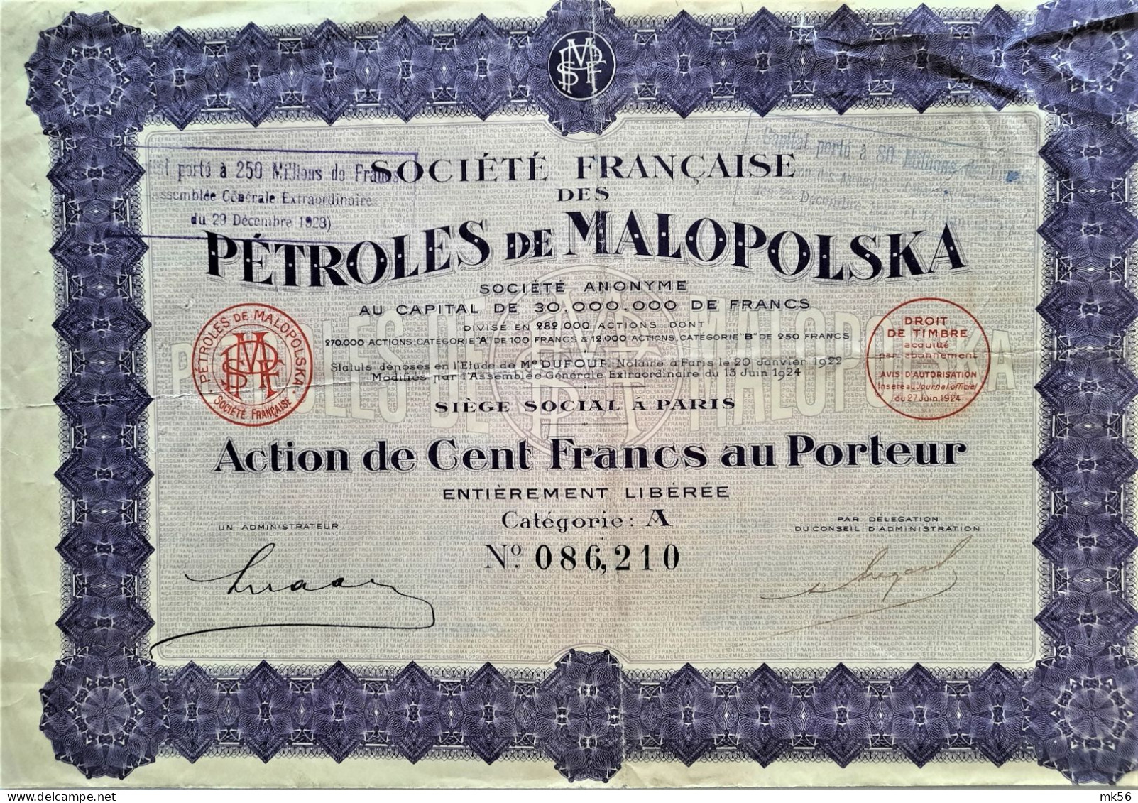 Société Française Des Pétroles De Malopolska - Pologne - 1924 - Action Au Porteur - Pétrole