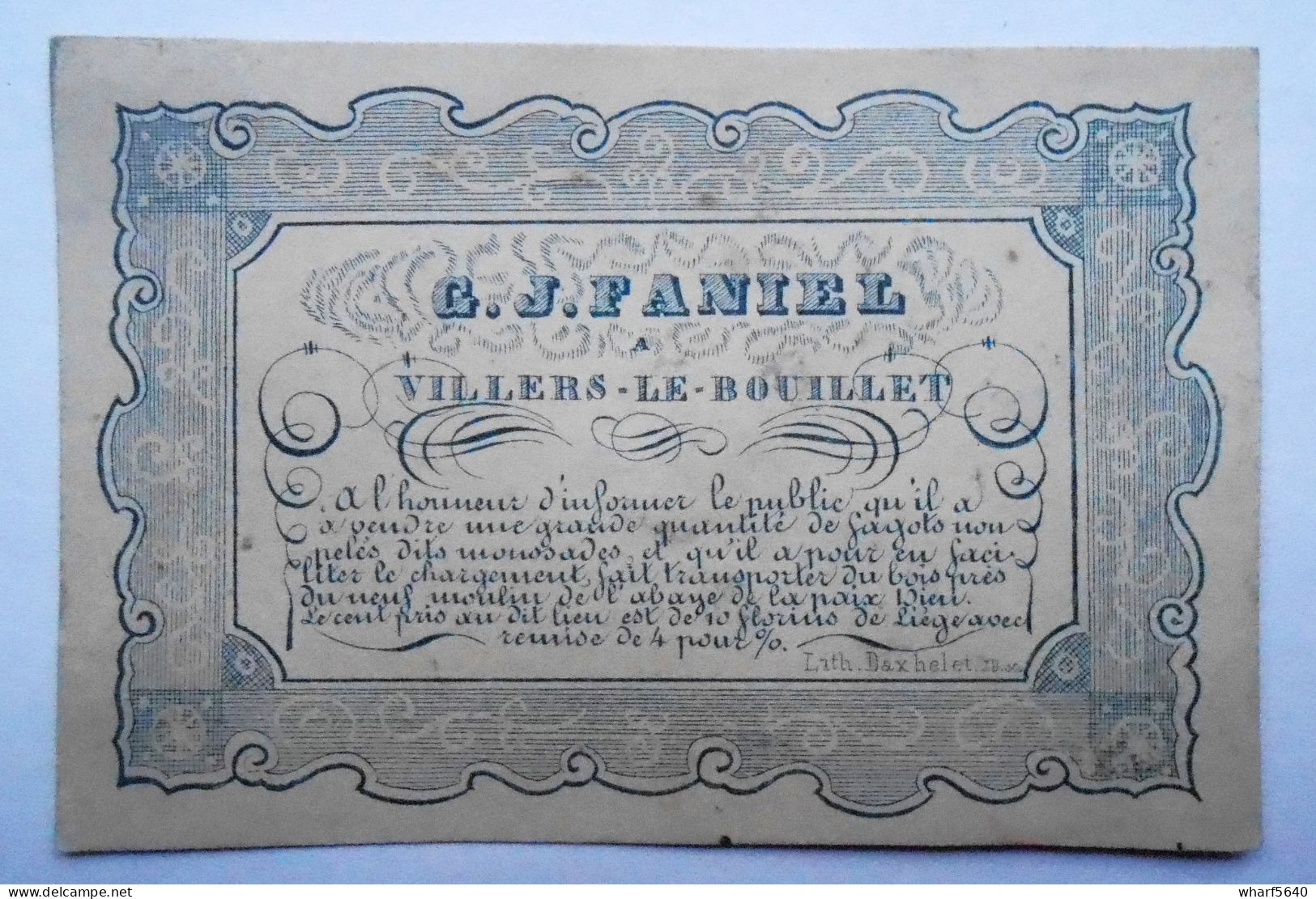 G.J. Faniel, Villers-Le-Bouillet, Vente De Fagots Au Prix De 10 Florins De Liège à L'Abbaye De La Paix-Dieu - ... - 1799