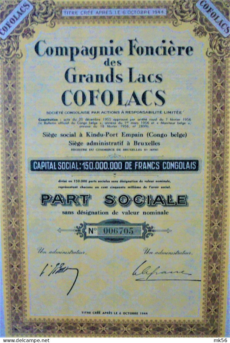 S.C. Compagnie Foncière Des Grands Lacs (Cofolacs) (1956) - Kindu-Port Empain Congo - Afrique