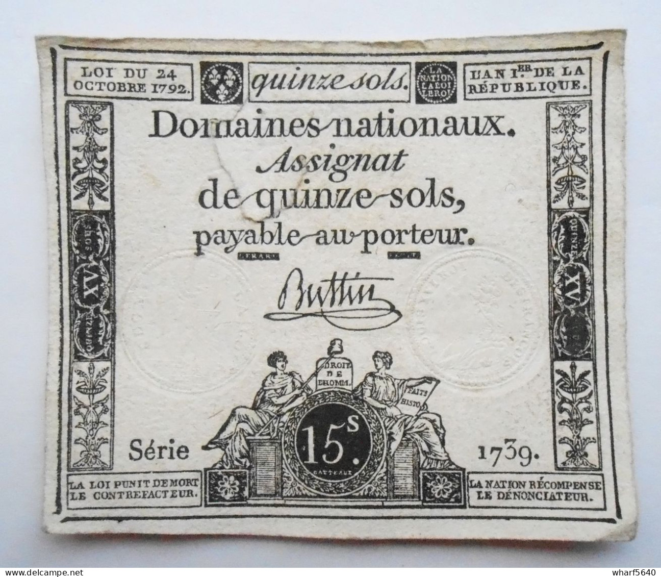 Assignat De Quinze 15 Sols. Série 1739.  An 1er De La République. Loi Du 24 Octobre 1792 - Assignats & Mandats Territoriaux