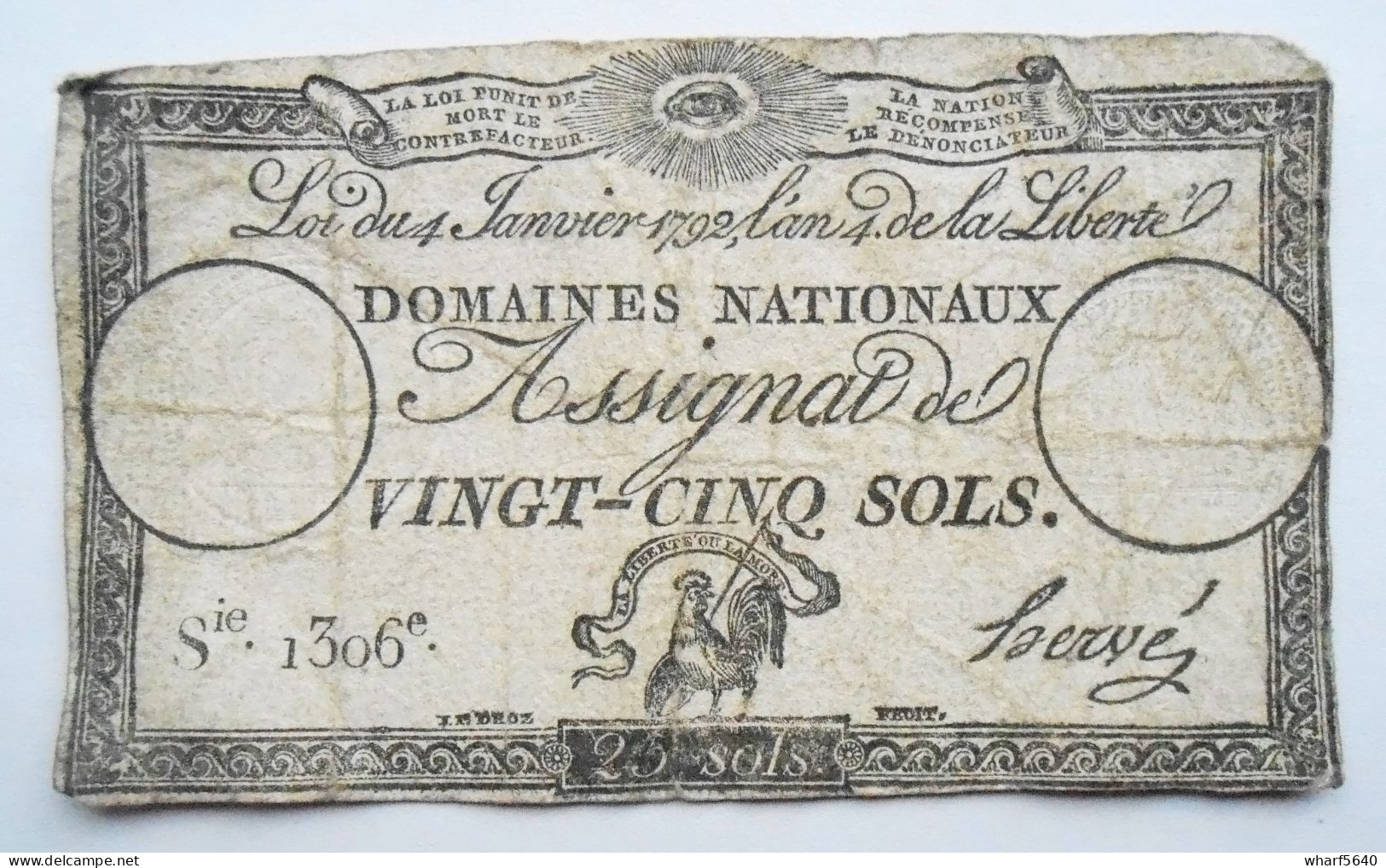 Assignat De Vingt-Cinq, 25 Sols. Série1306.  An 4 De La Liberté. Loi Du 4 Janvier 1792 - Assignats & Mandats Territoriaux