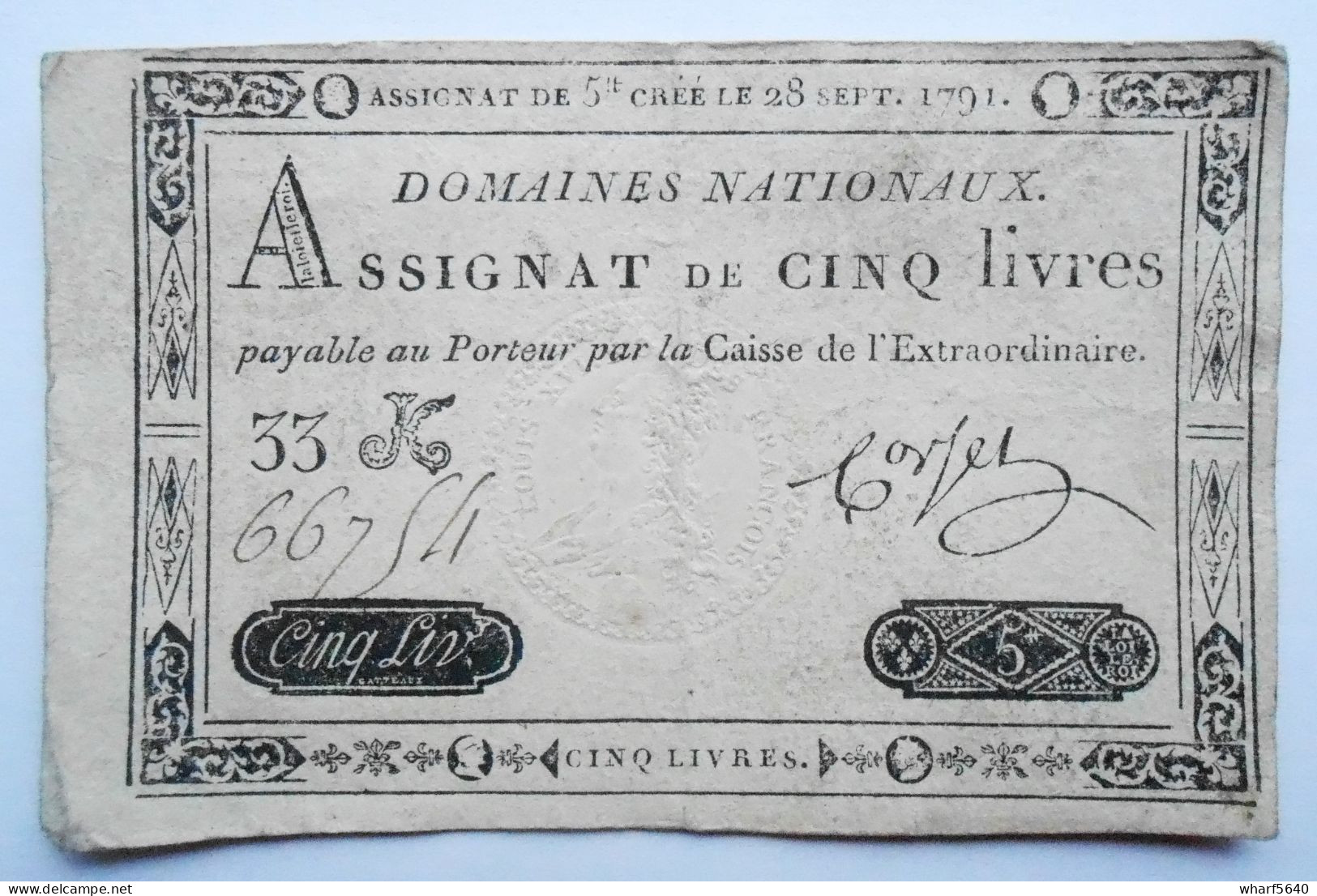 Assignat De Cinq, 5 Livres Payable Au Porteur Par La Caisse De L'Extraordinaire. 28 Septembre 1791 - Assegnati