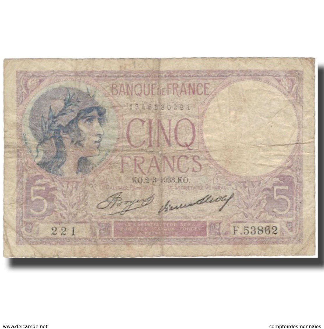 France, 5 Francs, 5 F 1917-1940 ''Violet'', 1933, 1933-03-02, TB, Fayette:3.17 - 5 F 1917-1940 ''Violet''