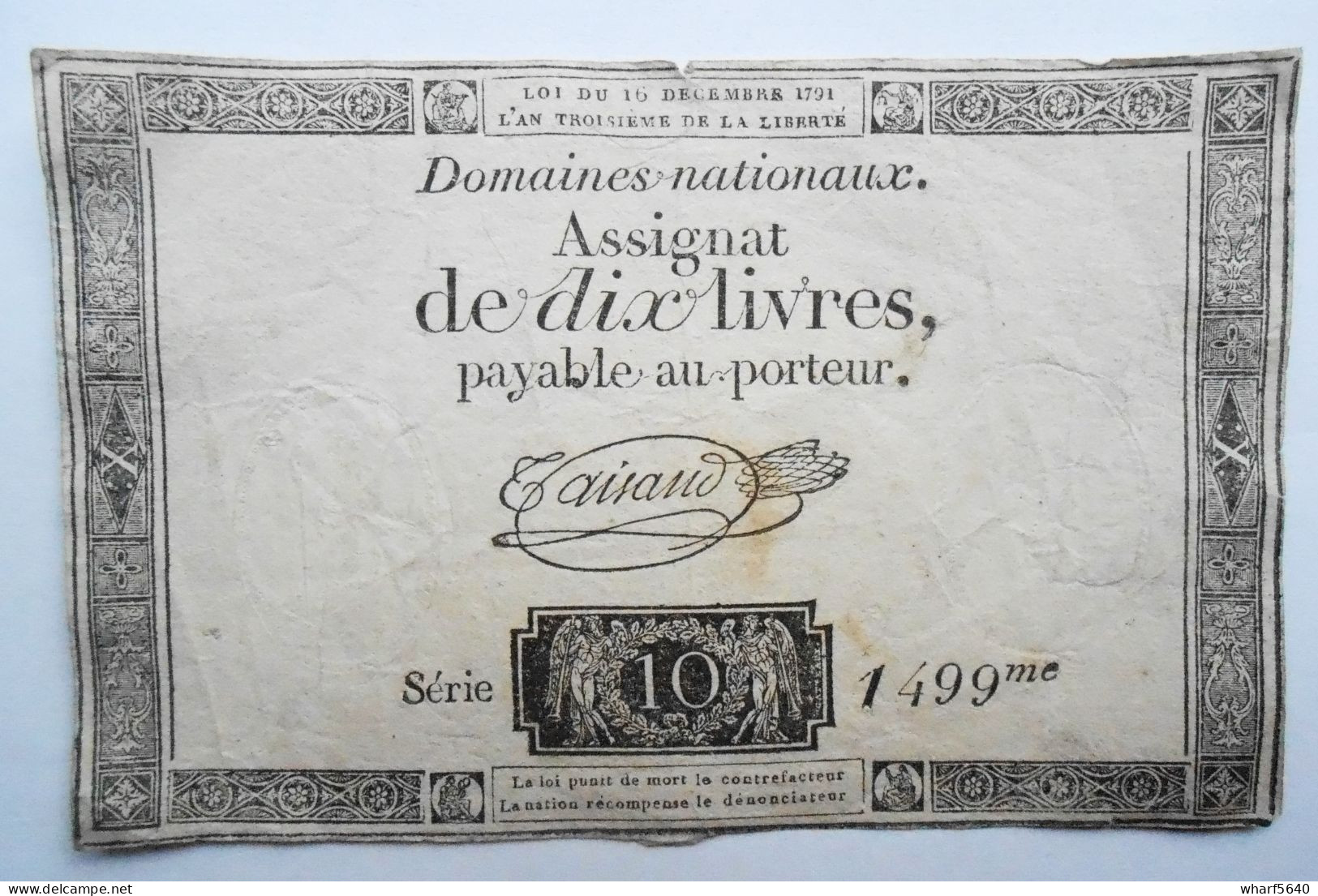 Assignat De Dix, 10 Livres Série 1499 An Troisième De La Liberté. Loi Du 16 Décembre 1791 - Assignats & Mandats Territoriaux