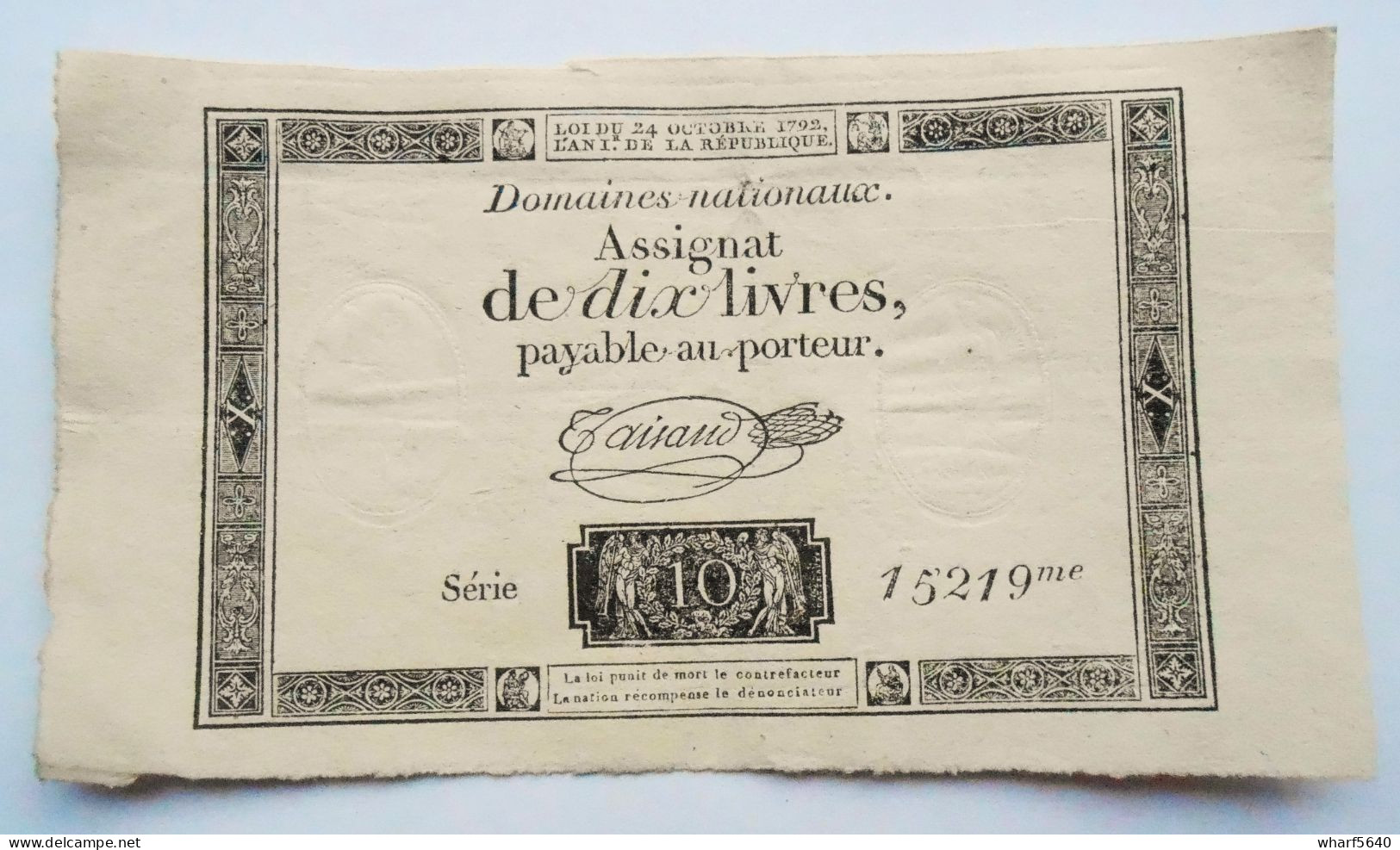 Assignat De Dix, 10 Livres Série 15219. An I De La République. Loi Du 24 Octobre 1792 - Assignate