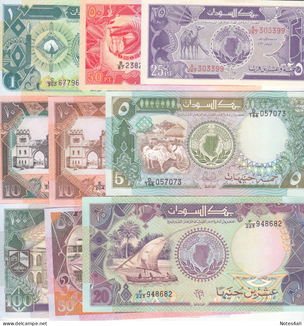 SUDAN 25 50 PT 1 5 10 20 50 100 POUNDS 1987 1991 P37 38 39 40 41 47 48 UNC SET 2 - Soudan