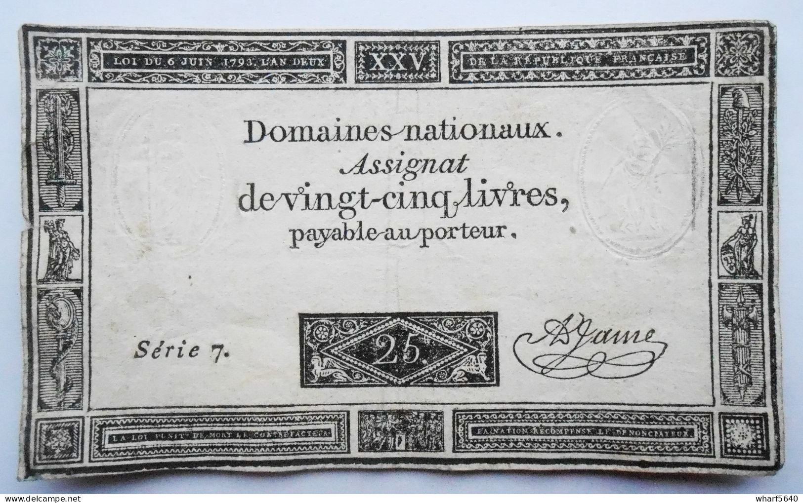 Assignat De Vingt-cinq 25 Livres Série 7. An II De La République. Loi Du 6 Juin 1793 - Assignats