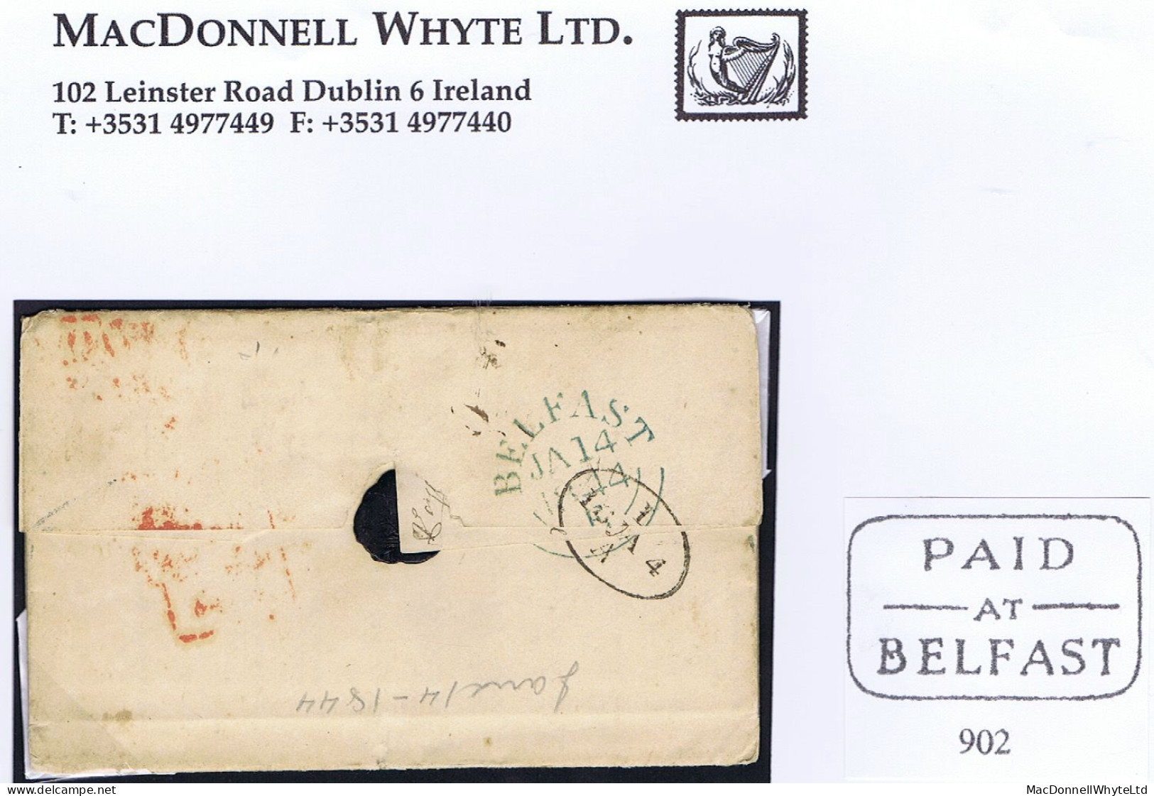 Ireland Transatlantic Belfast 1844 Letter To Springfield Ohio With Framed PAID/AT/BELFAST Prepaid "1/-" - Préphilatélie