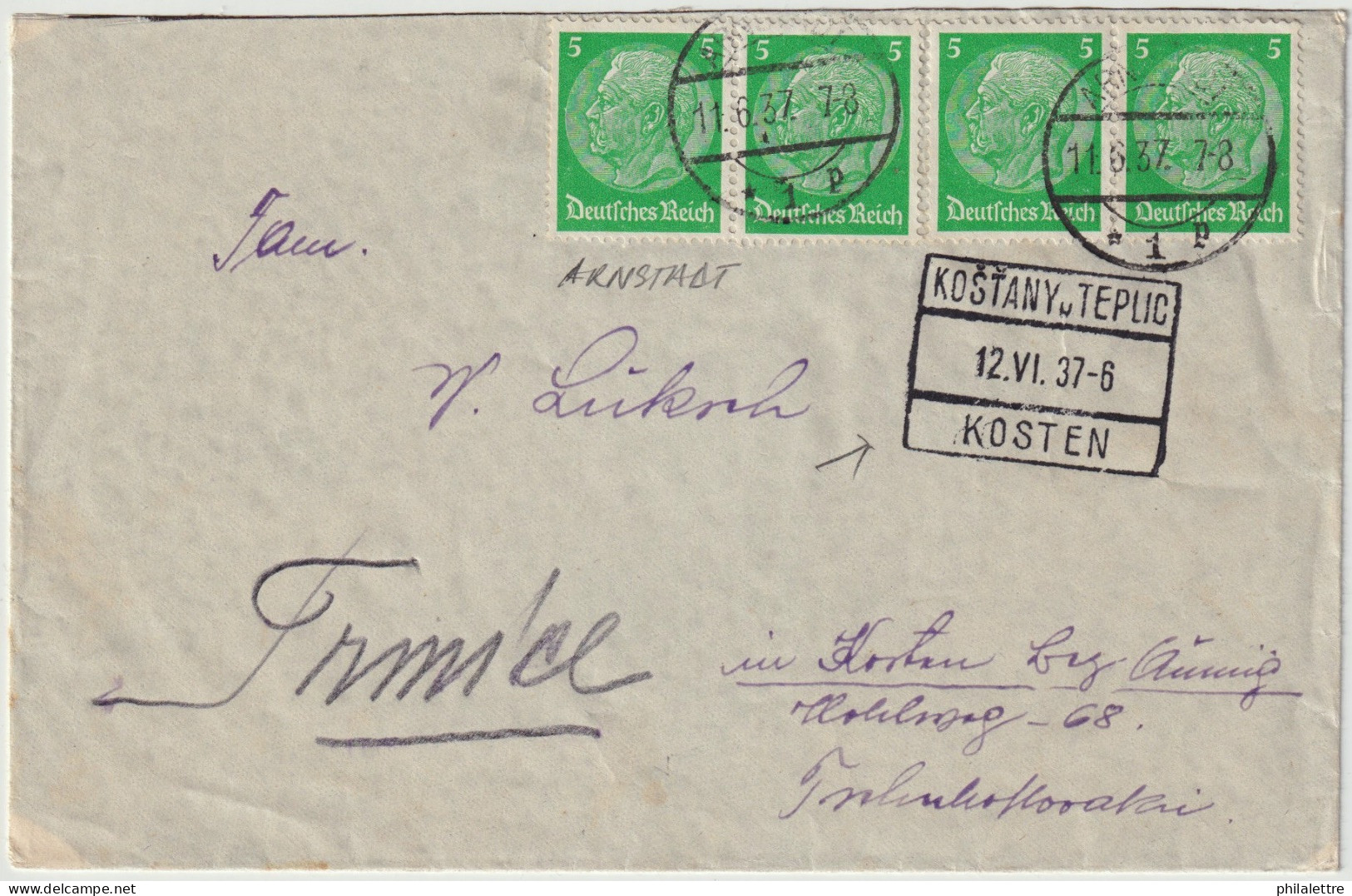 ALLEMAGNE / GERMANY - 1937 4xMi.515 On Cover From ARNSTADT To KOŠŤANY U TEPLIC (Kosten), Czechoslovakia - Cartas & Documentos