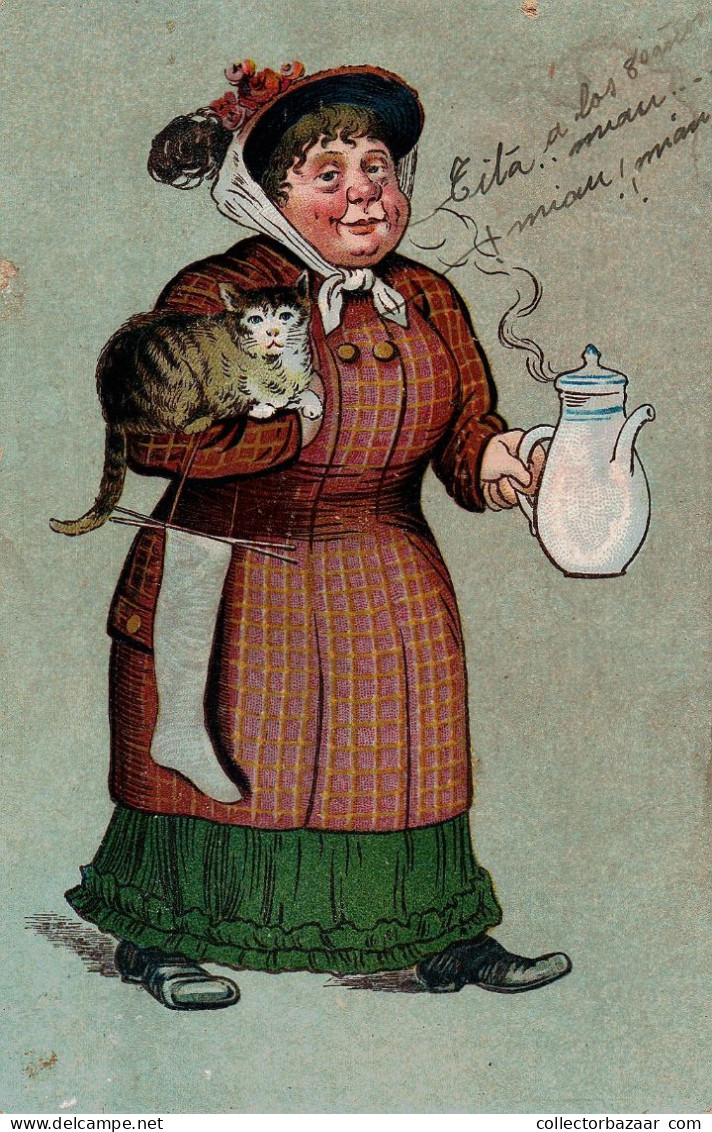 Postcard, Topic Animals, Old Woman With Her Cat, Tea - Collections & Lots