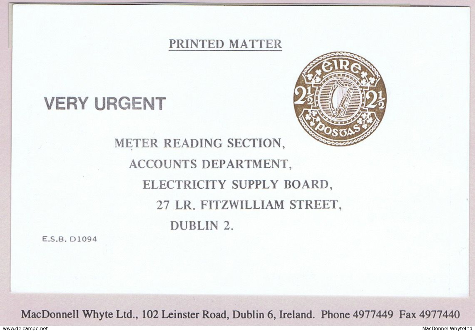 Ireland Stamped-to-order 1971 2½p Brown ESB Meter Reading Card, With Box, Unused. FAI 11a - Postal Stationery