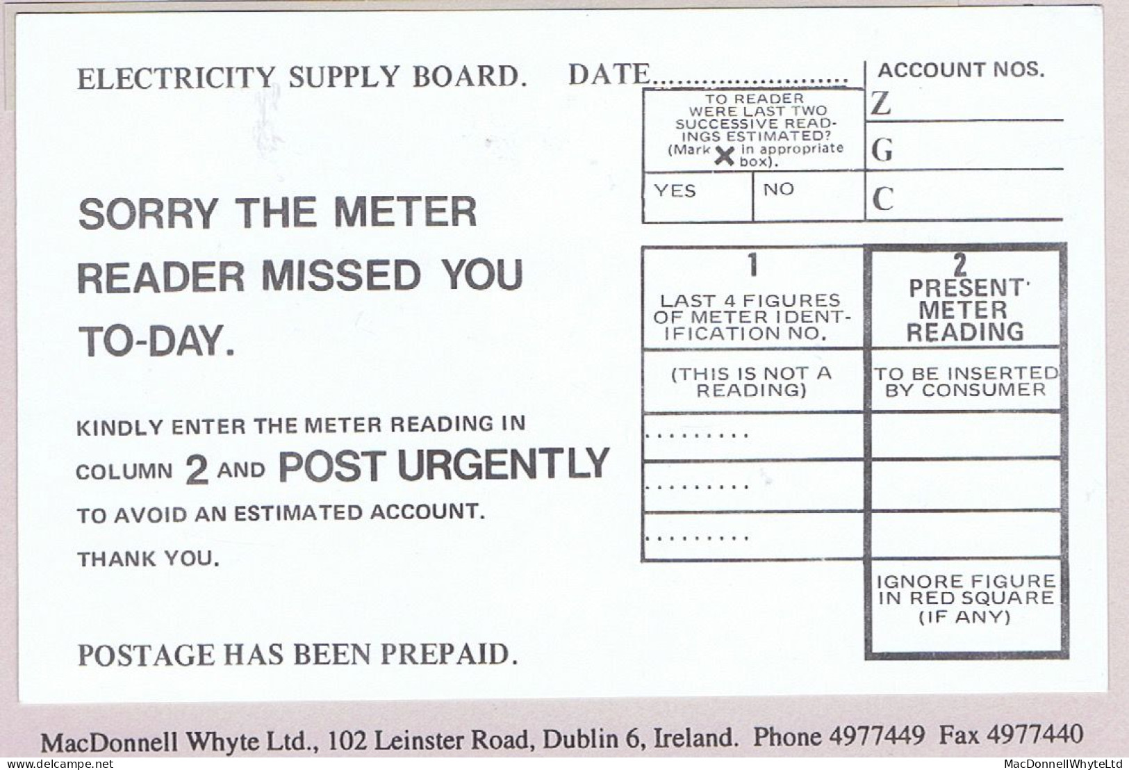 Ireland Stamped-to-order 1971 2½p Brown ESB Meter Reading Card, With Box, Unused. FAI 11a - Postwaardestukken