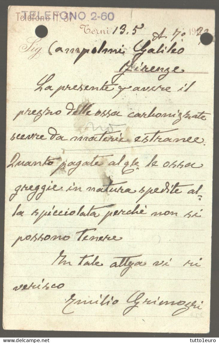 CARTOLINA COMMERCIALE VIAGGIATA NEL 1922 - TERNI - EMILIO GRIMOZZI - IMPRESA TRASPORTI (INT646) - Mercanti