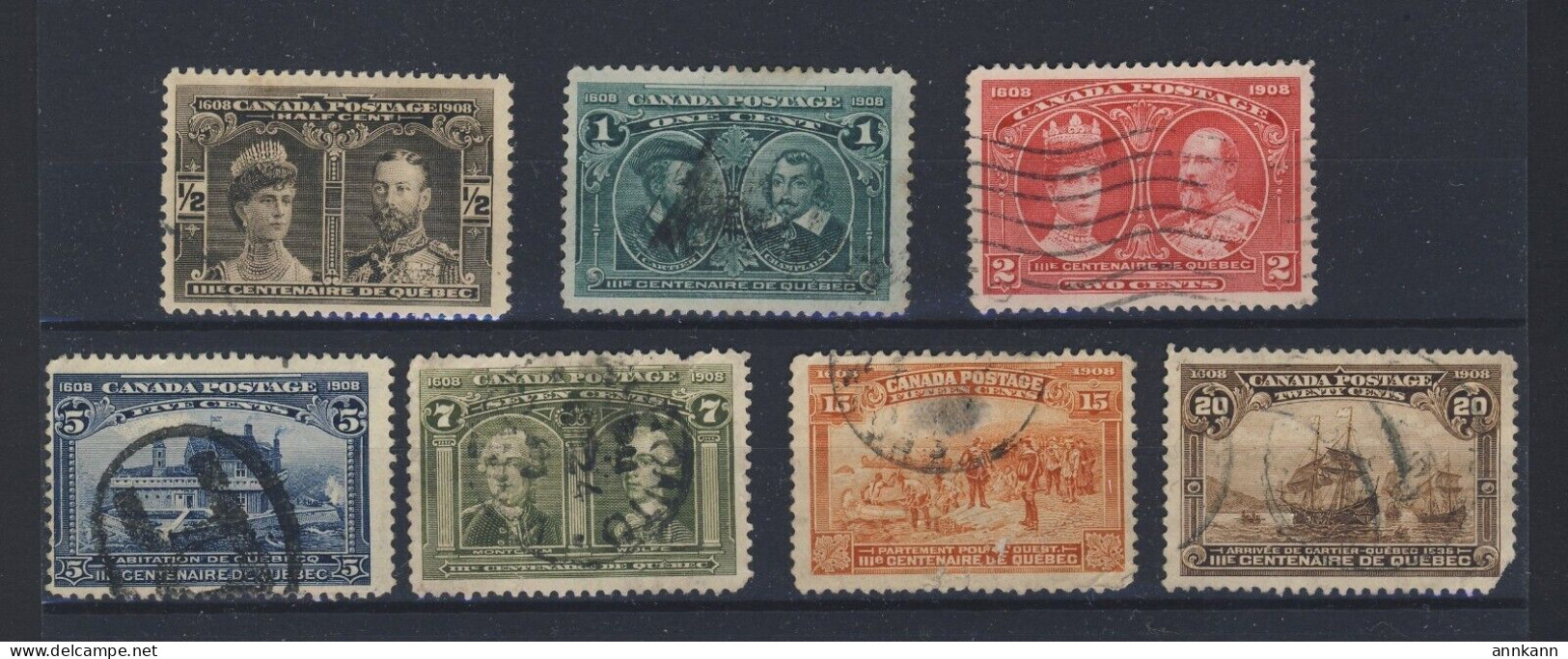 7x Canada 1908 Quebec Stamps #96 To #100 #102-Thin #103 CC Guide Value= $326.00 - Used Stamps