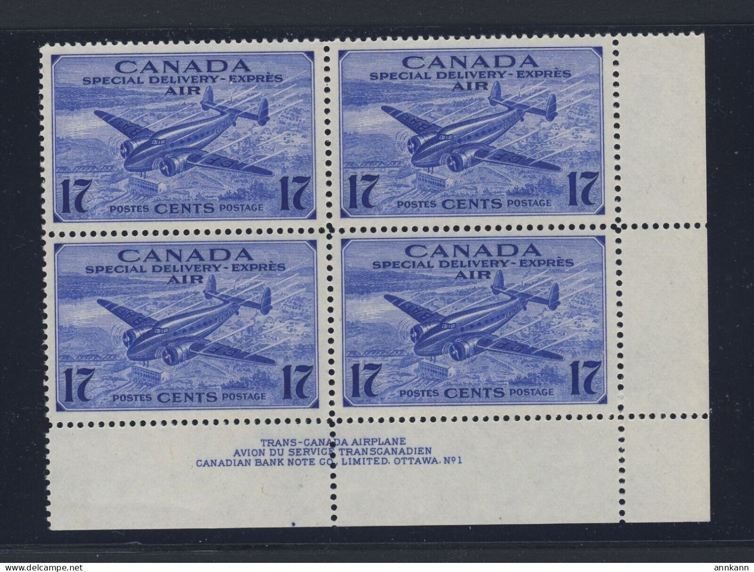 Canada Air Mail Stamps: Plate Block Of 4 #CE2 MH VF Guide Value = $24.00 - Airmail