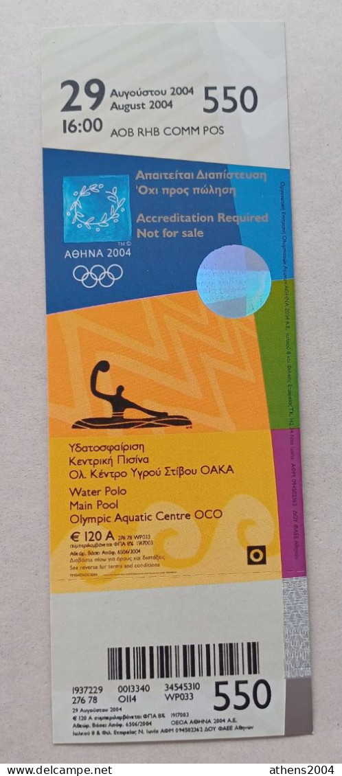 Athens 2004 Olympic Games -  Water Polo Unused Ticket, Code: 550 - Kleding, Souvenirs & Andere