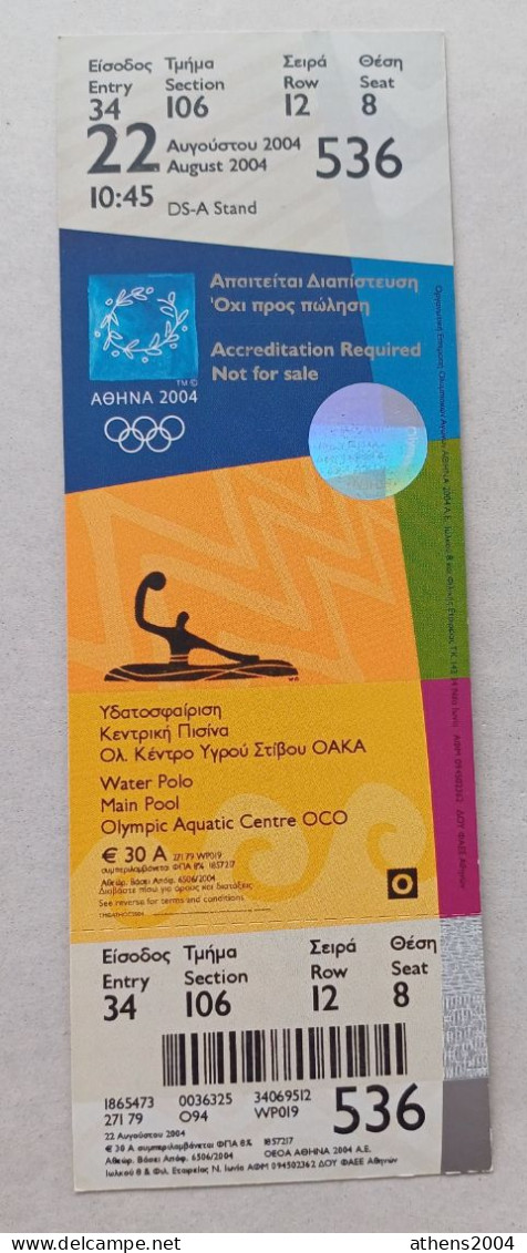 Athens 2004 Olympic Games -  Water Polo Unused Ticket, Code: 536 - Habillement, Souvenirs & Autres