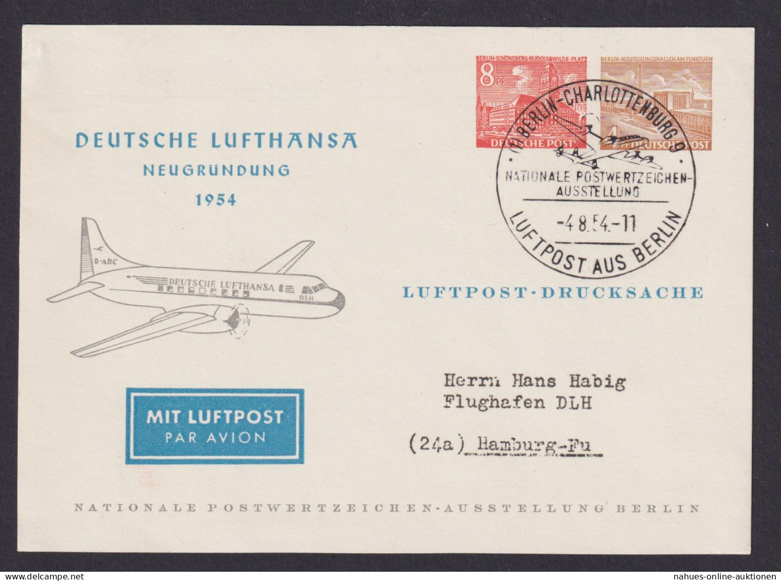 Flugpost Air Mail Berlin Lufthansa Privatganzsache 8+4 Pfg. Bauten SST - Cartes Postales Privées - Oblitérées