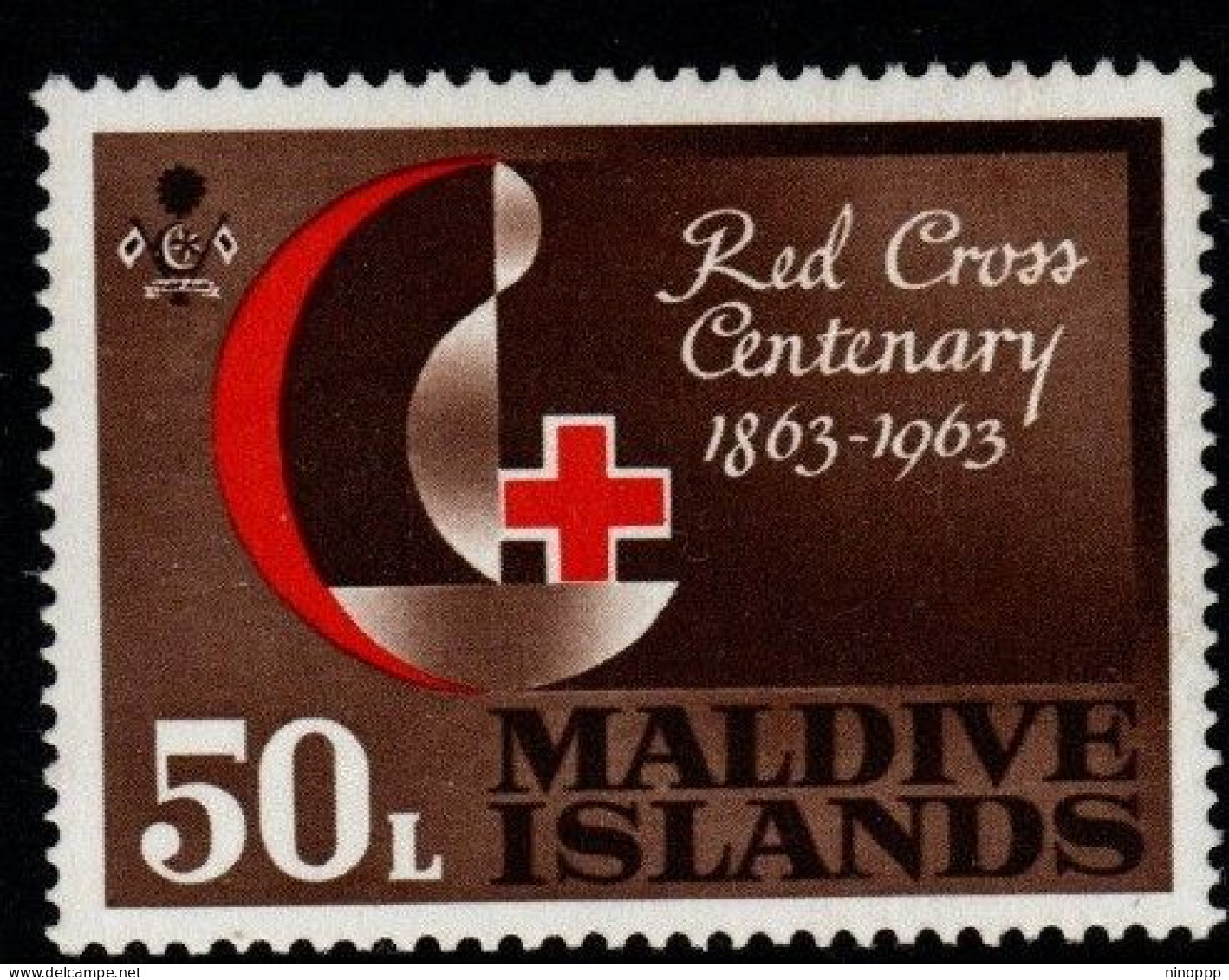 Maldives Cat 126 1963 100th Anniversary Red Cross 50L Brown Red, Mint Hinged - Malediven (...-1965)