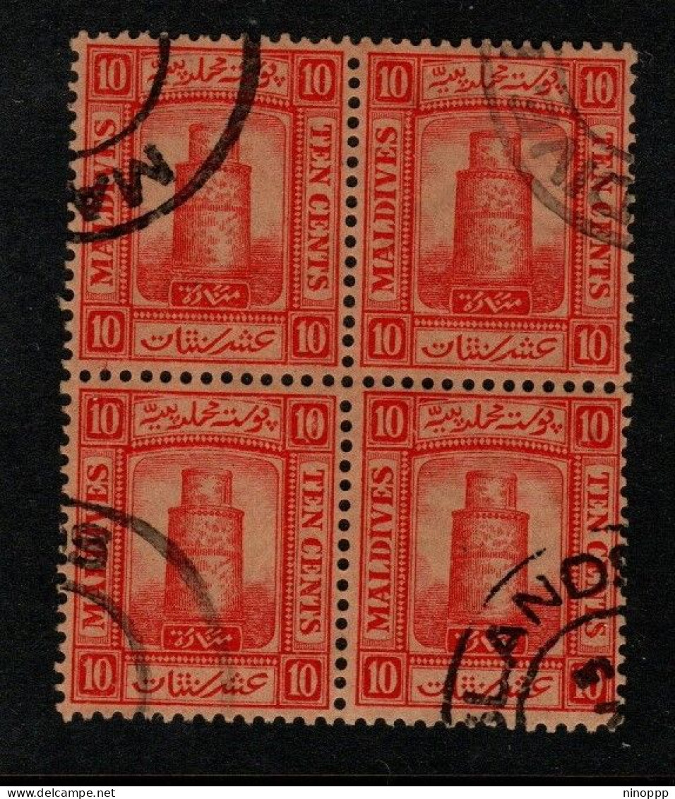 Maldives Cat 10 1909 Minirat Juma Mosque 10c Scarlet,used Block 4 - Maldiven (...-1965)