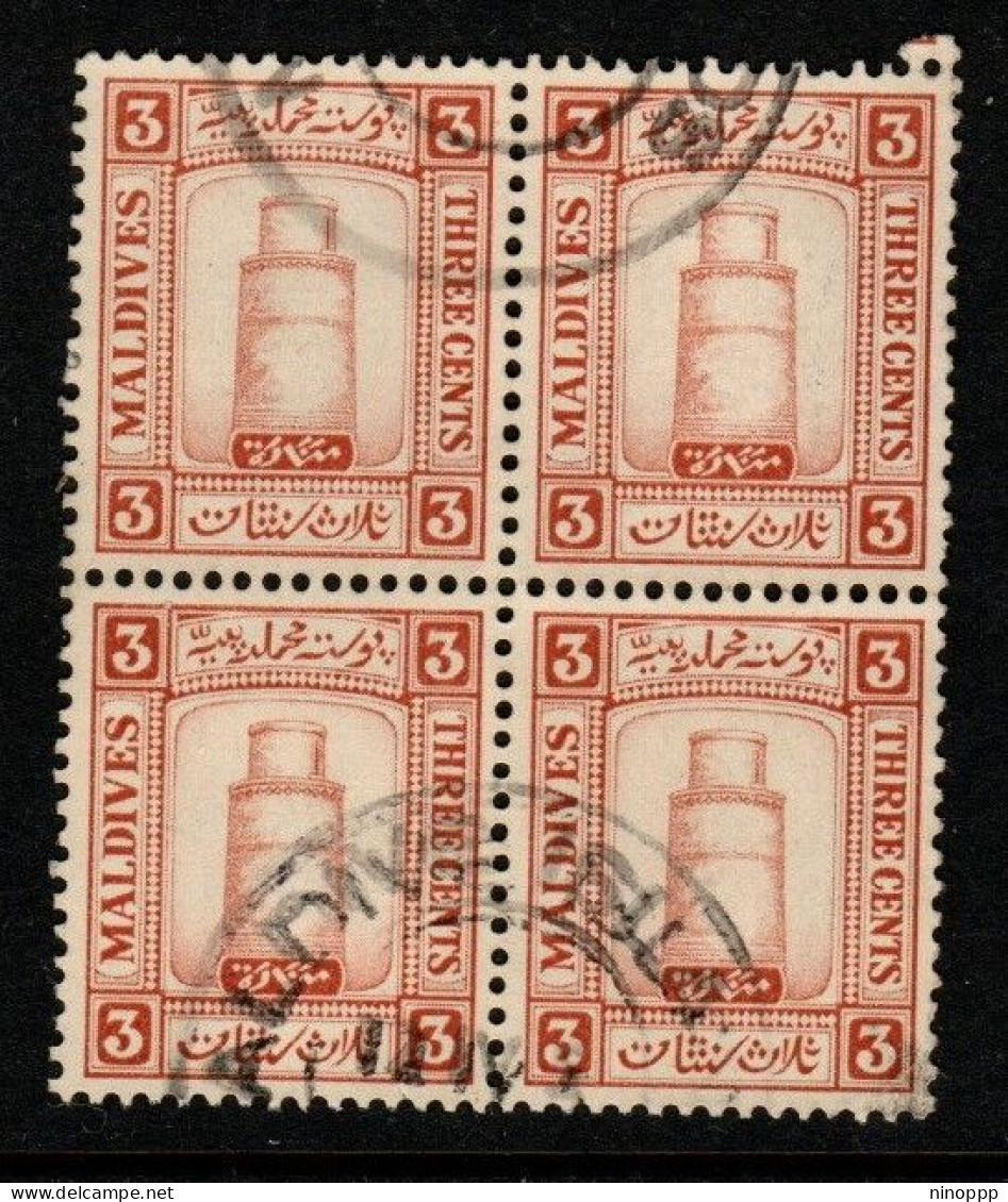 Maldives Cat 12 1933 Minirat Juma Mosque 3c Reddish Brown Block 4,used - Maldives (...-1965)