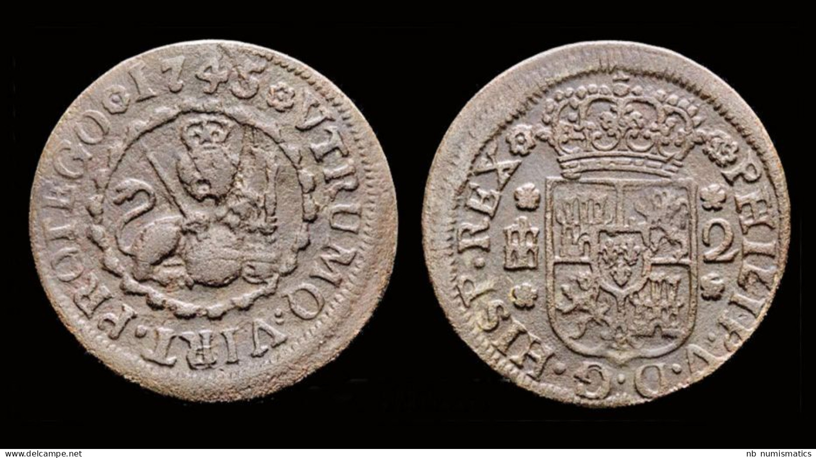 Spain Philip V 2 Maravedis 1745- Segovia - Provincial Currencies