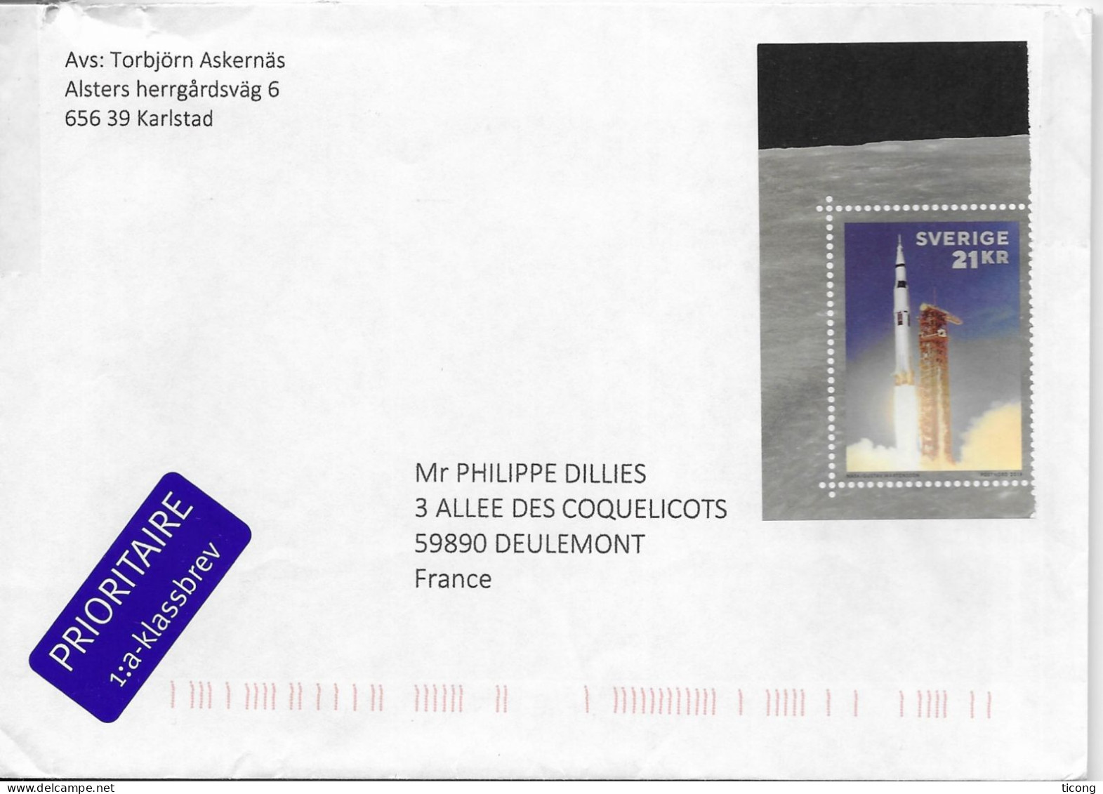 LANCEMENT DE LA FUSEE APOLLO XI, TIMBRE DE SUEDE BORDS DE FEUILLE 2019 SEUL SUR LETTRE, NON OBLITERE PAR ERREUR, A VOIR - Covers & Documents