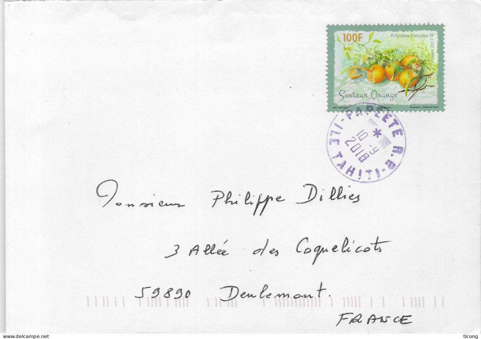 POLYNESIE FRANCAISE PAPEETE ILE TAHITI, CACHET MANUEL TIMBRE SENTEUR ORANGE SEUL SUR LETTRE, VOIR LES SCANNERS - Covers & Documents