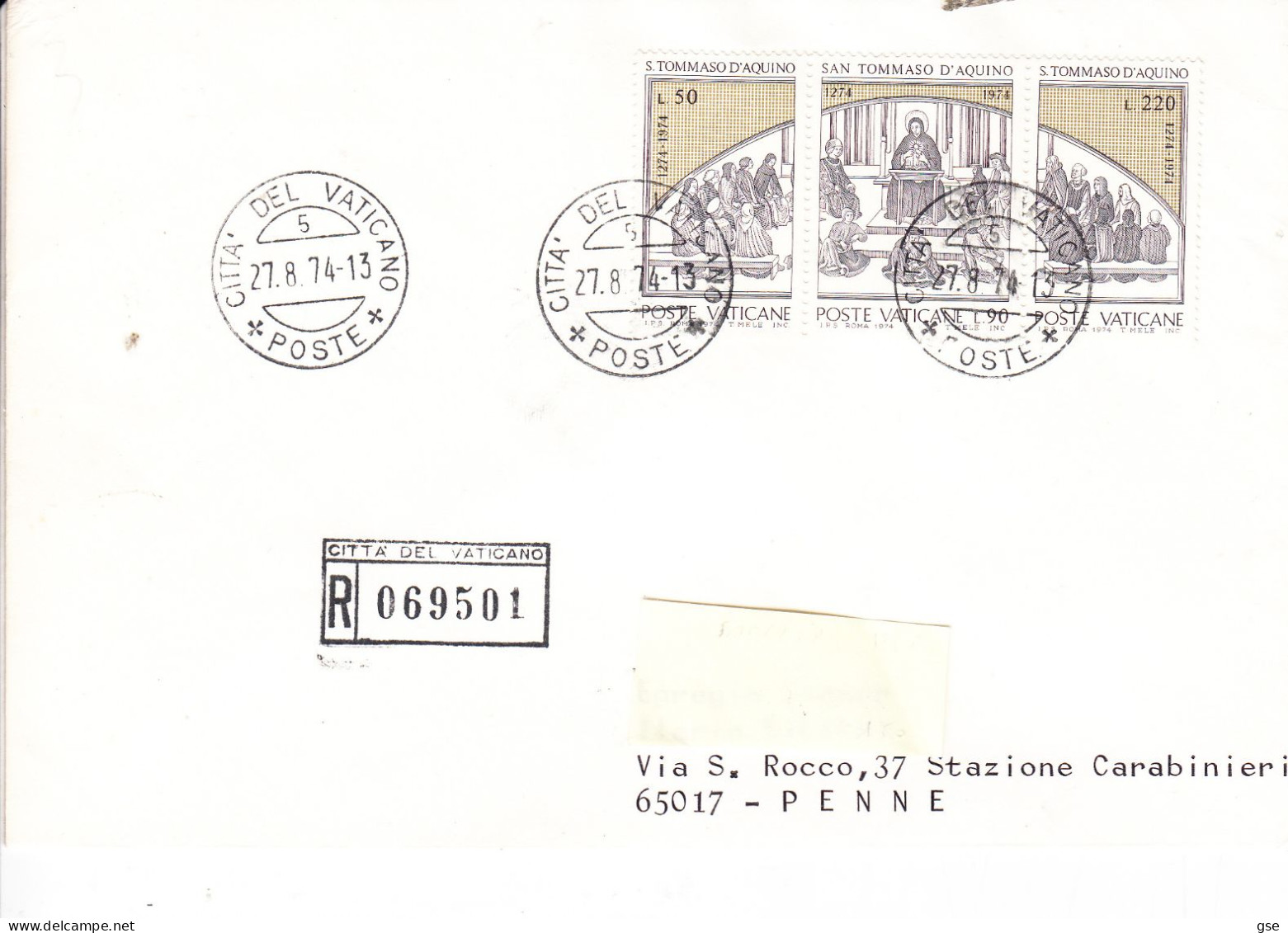 VATICANO 1974 - Raccomandata Per Penne (Pescara) - Sassone 558/60 - Brieven En Documenten