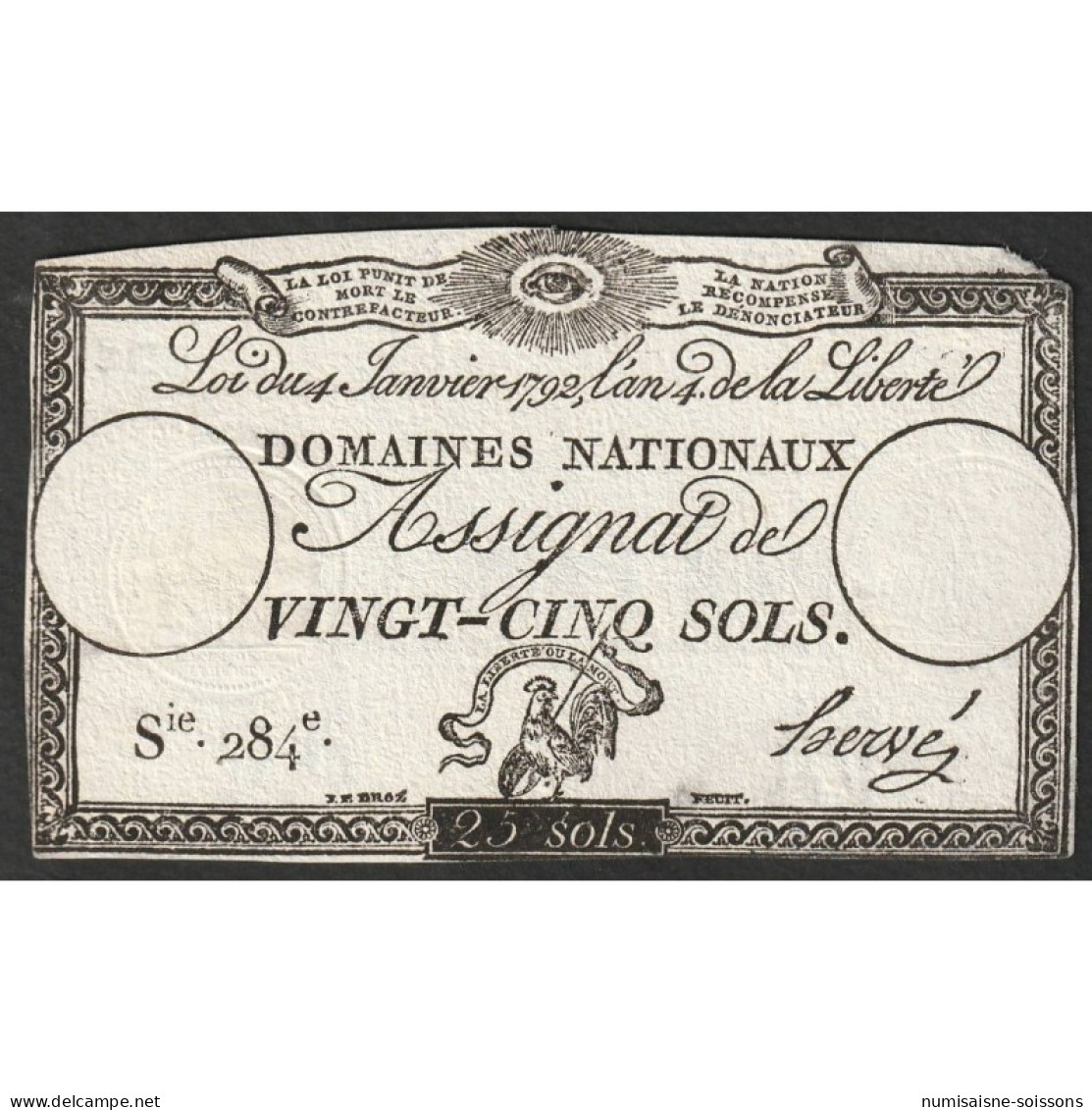 ASSIGNAT DE 25 SOLS - 04/01/1792 - DOMAINES NATIONAUX - SUP - Assignats & Mandats Territoriaux