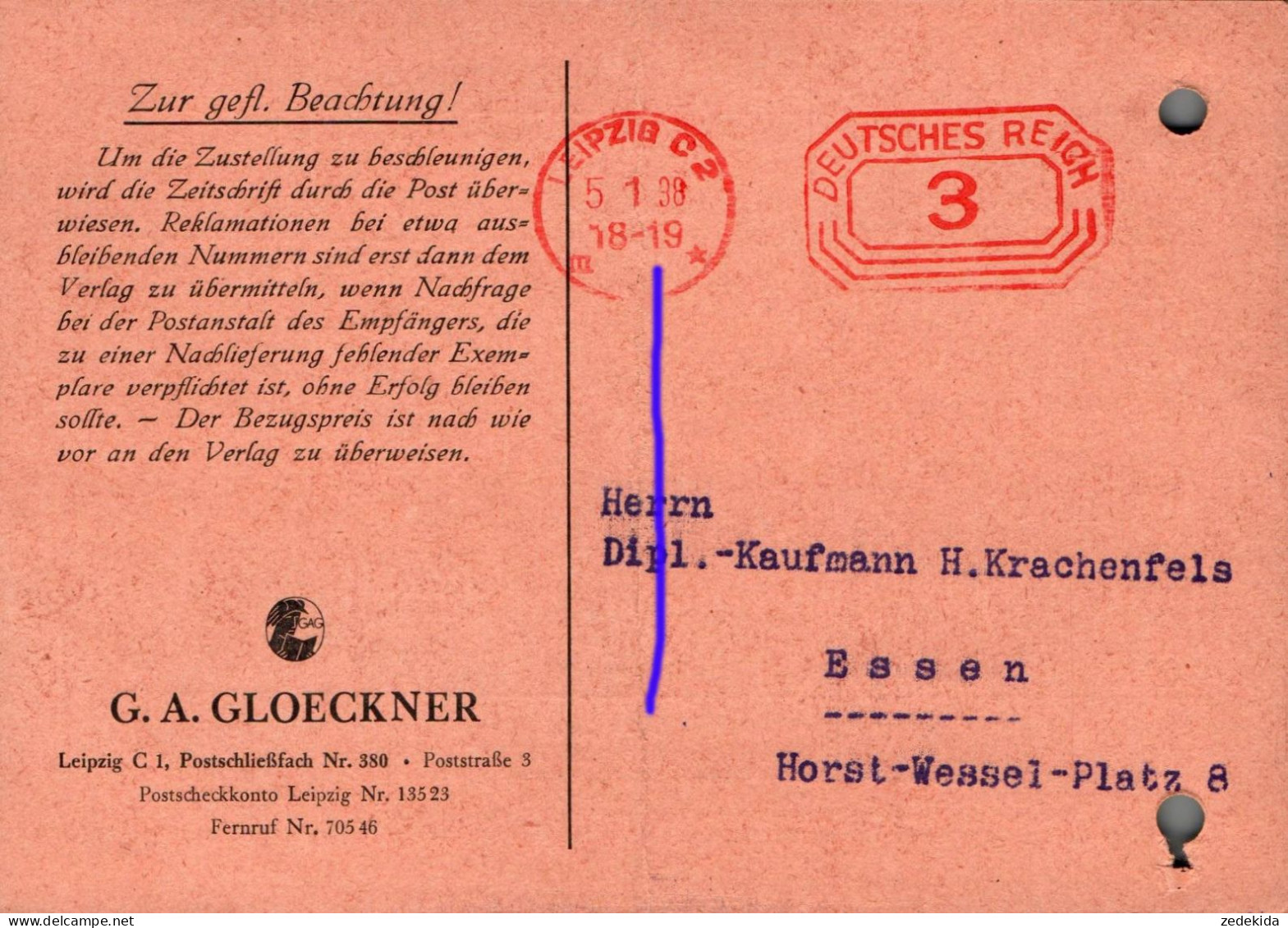 G9484 - Leipzig - Firmenpost Rechnung - Freistempel Freistempler - Maschinenstempel