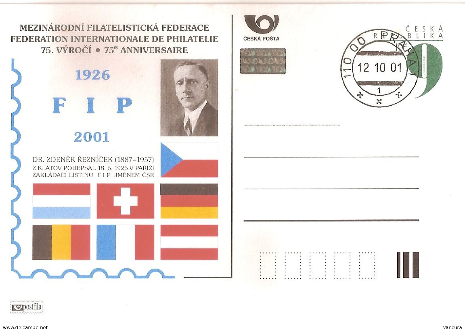 CDV A 74 Czech Republic FIP 75th Anniversary 2001 NOTICE POOR SCAN, BUT THE CARD IS FINE! - Autres & Non Classés