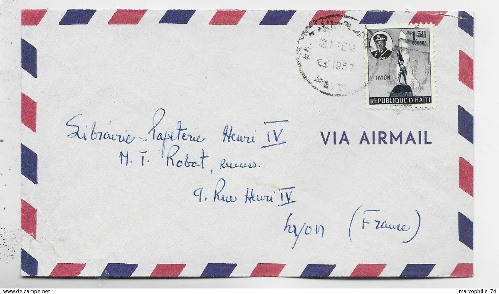 HAITI 1.50 GOURDE SOLO LETTRE COVER AIR MAIL PORT AU PRINCE 1957 TO FRANCE - Haïti