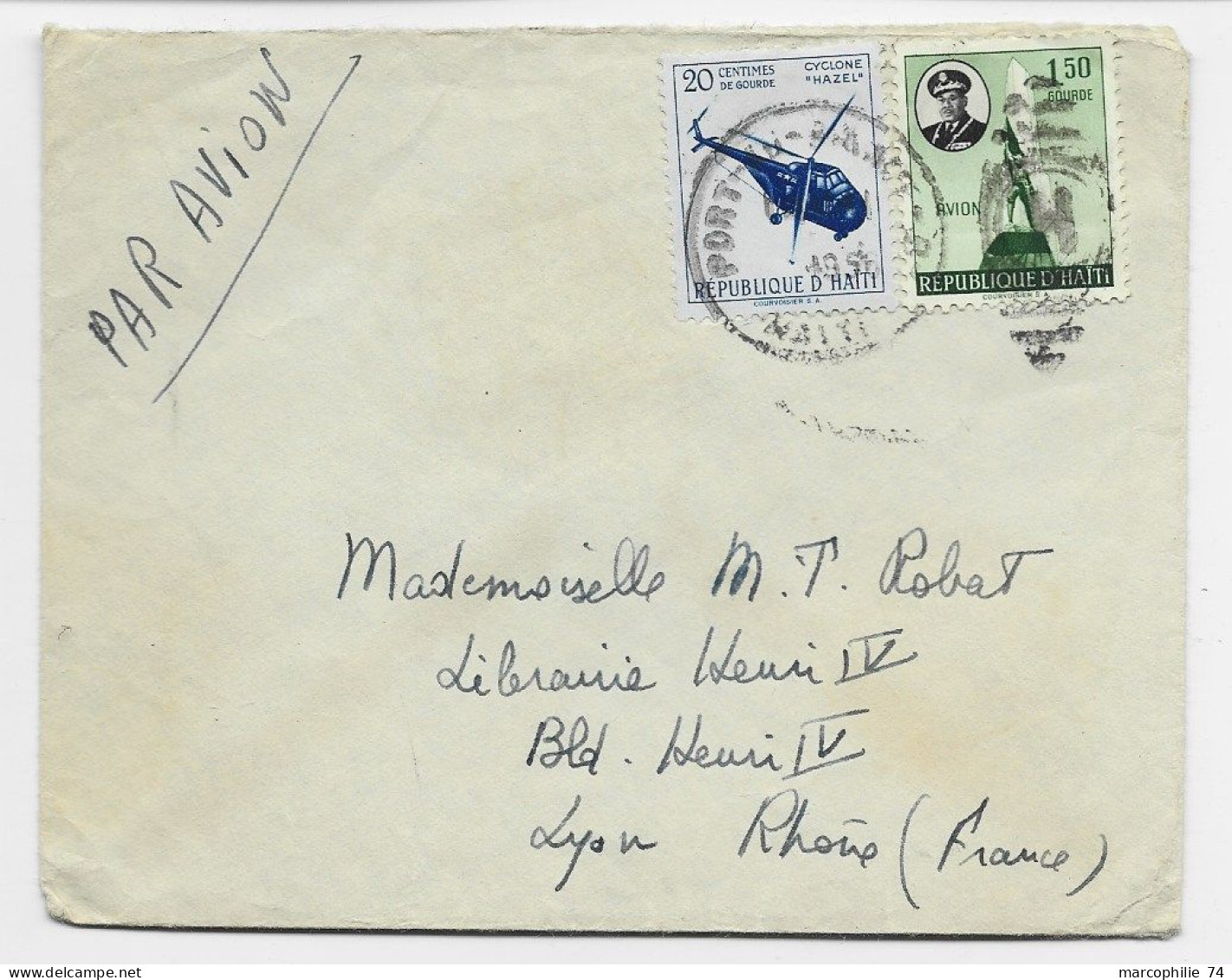 HAITI 1.50 GOURDE + 20C HELICOPTERE  CYCLONE HAZEL LETTRE COVER AIR MAIL PORT AU PRINCE 1956 TO FRANCE - Haïti