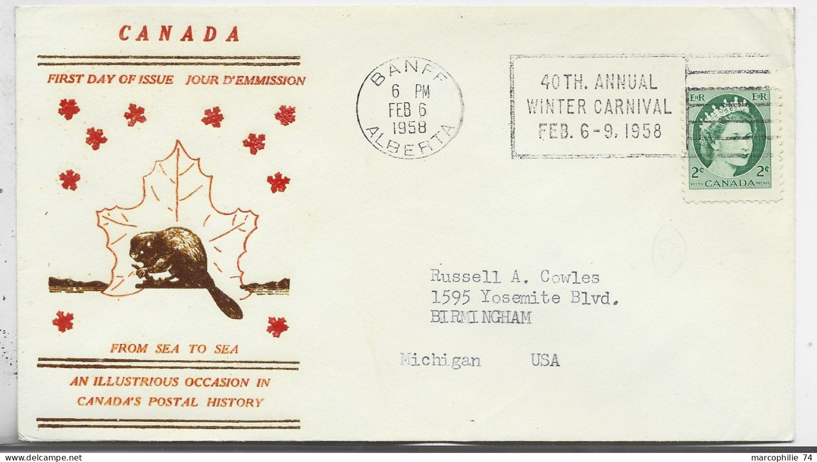 CANADA 2C BDF SOLO LETTRE COVER MECANIQUE 40TH ANNUAL WINTER CARNIVAL 1958 BANFF ALBERTA FDC - Briefe U. Dokumente