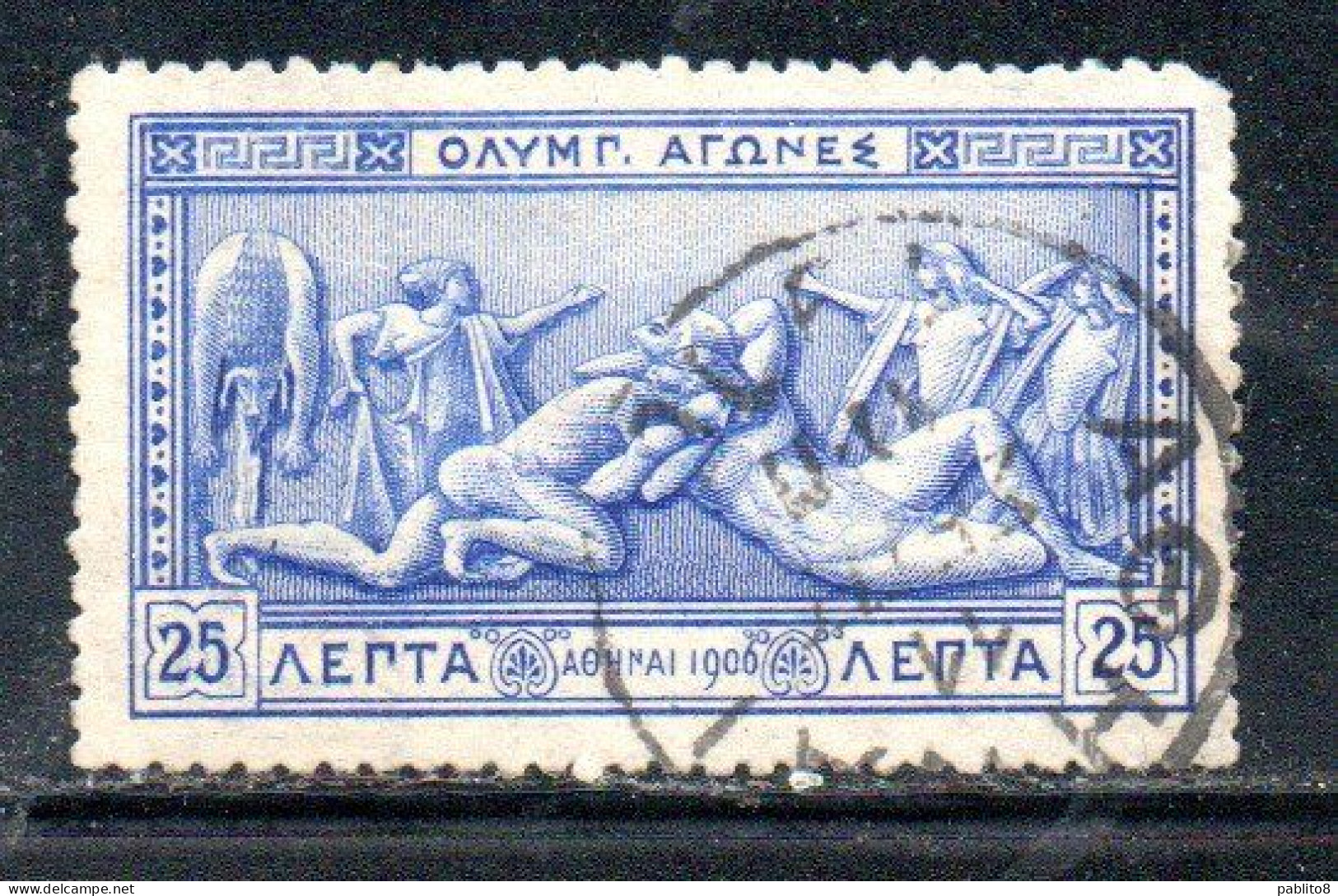 GREECE GRECIA ELLAS 1906 GREEK SPECIAL OLYMPIC GAMES ATHENS STRUGGLE OF HERCULES AND ANTEUS 25l USED USATO OBLITERE' - Usati