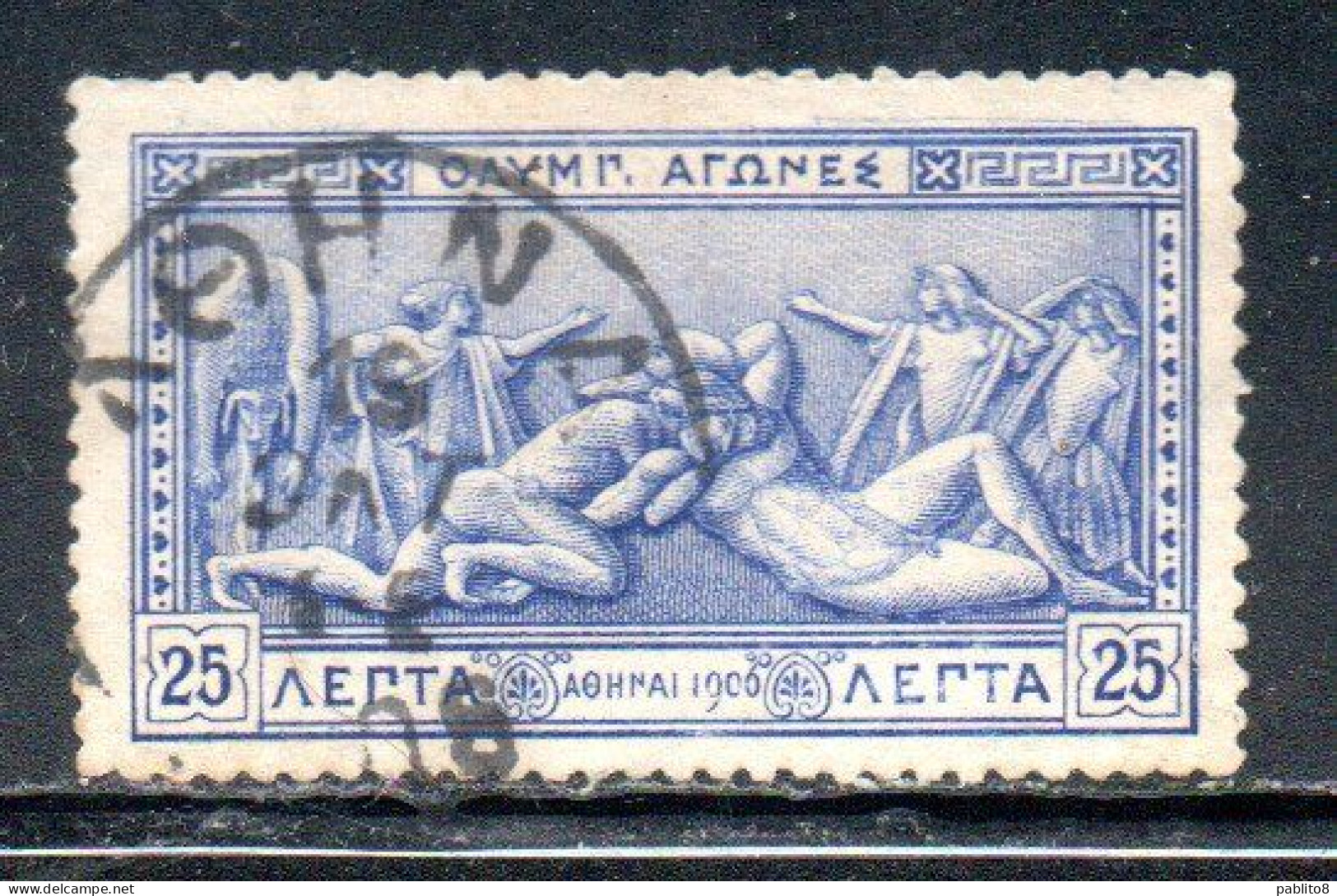 GREECE GRECIA ELLAS 1906 GREEK SPECIAL OLYMPIC GAMES ATHENS STRUGGLE OF HERCULES AND ANTEUS 25l USED USATO OBLITERE' - Oblitérés