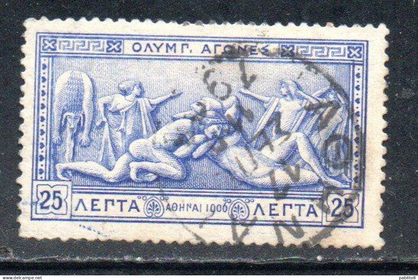 GREECE GRECIA ELLAS 1906 GREEK SPECIAL OLYMPIC GAMES ATHENS STRUGGLE OF HERCULES AND ANTEUS 25l USED USATO OBLITERE' - Gebraucht