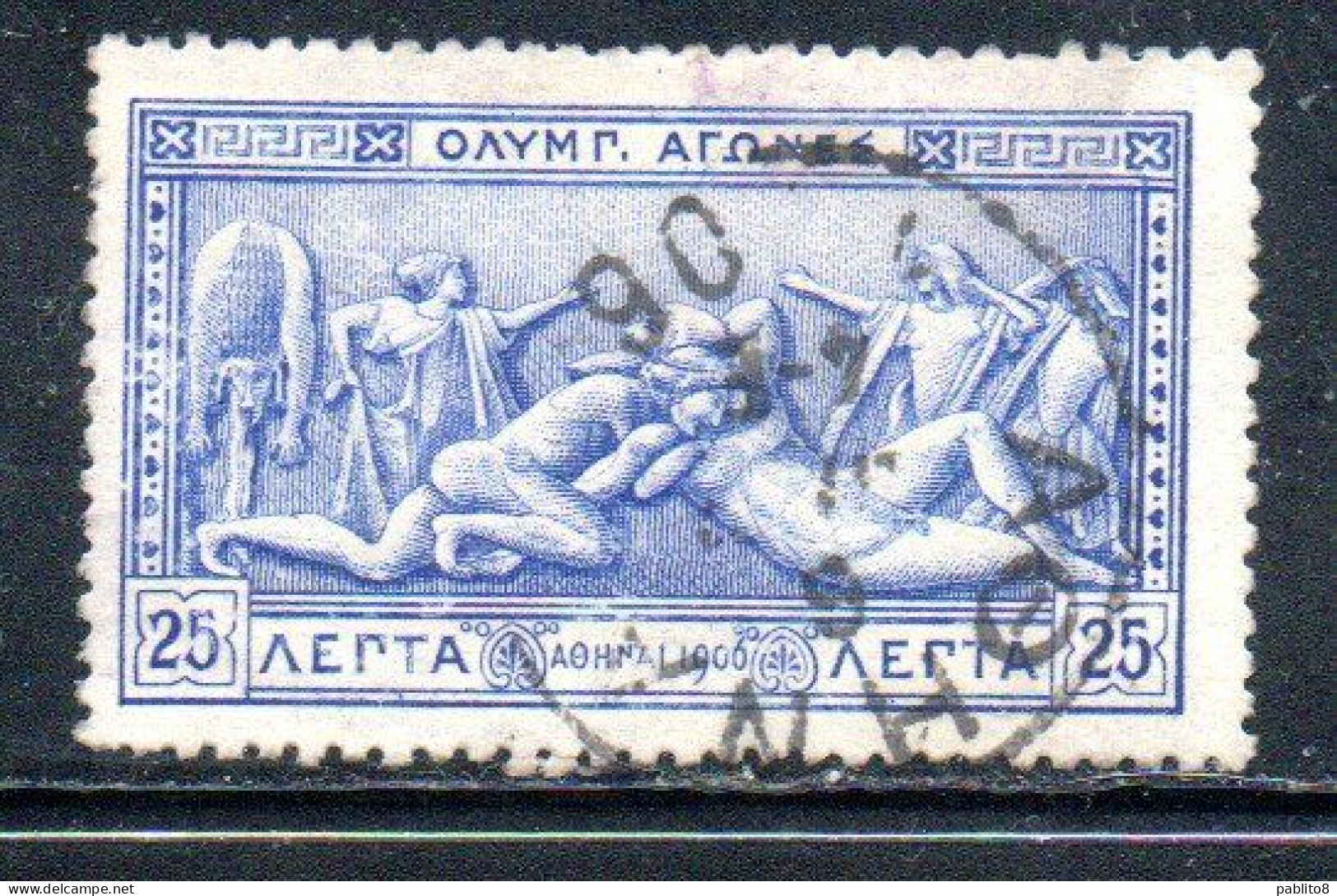 GREECE GRECIA ELLAS 1906 GREEK SPECIAL OLYMPIC GAMES ATHENS STRUGGLE OF HERCULES AND ANTEUS 25l USED USATO OBLITERE' - Gebruikt