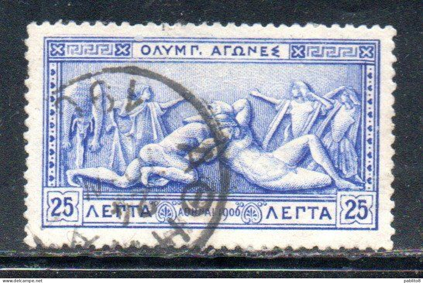 GREECE GRECIA ELLAS 1906 GREEK SPECIAL OLYMPIC GAMES ATHENS STRUGGLE OF HERCULES AND ANTEUS 25l USED USATO OBLITERE' - Usati