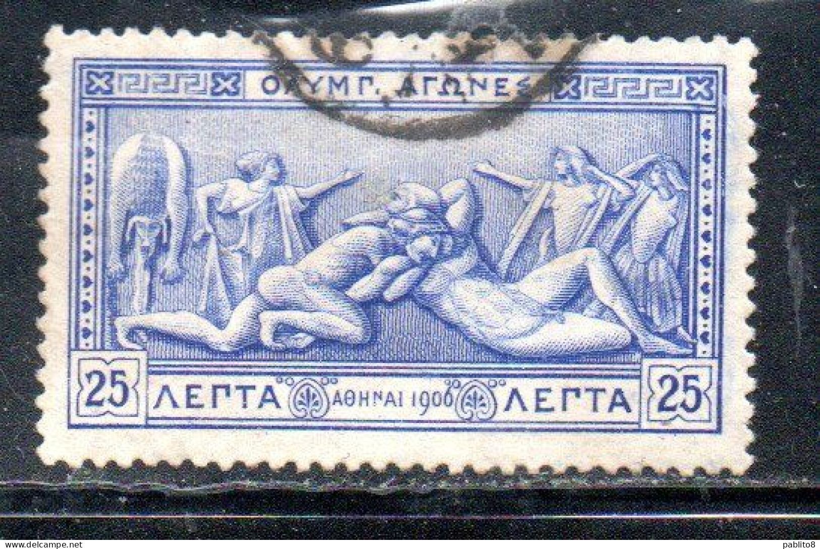 GREECE GRECIA ELLAS 1906 GREEK SPECIAL OLYMPIC GAMES ATHENS STRUGGLE OF HERCULES AND ANTEUS 25l USED USATO OBLITERE' - Usados