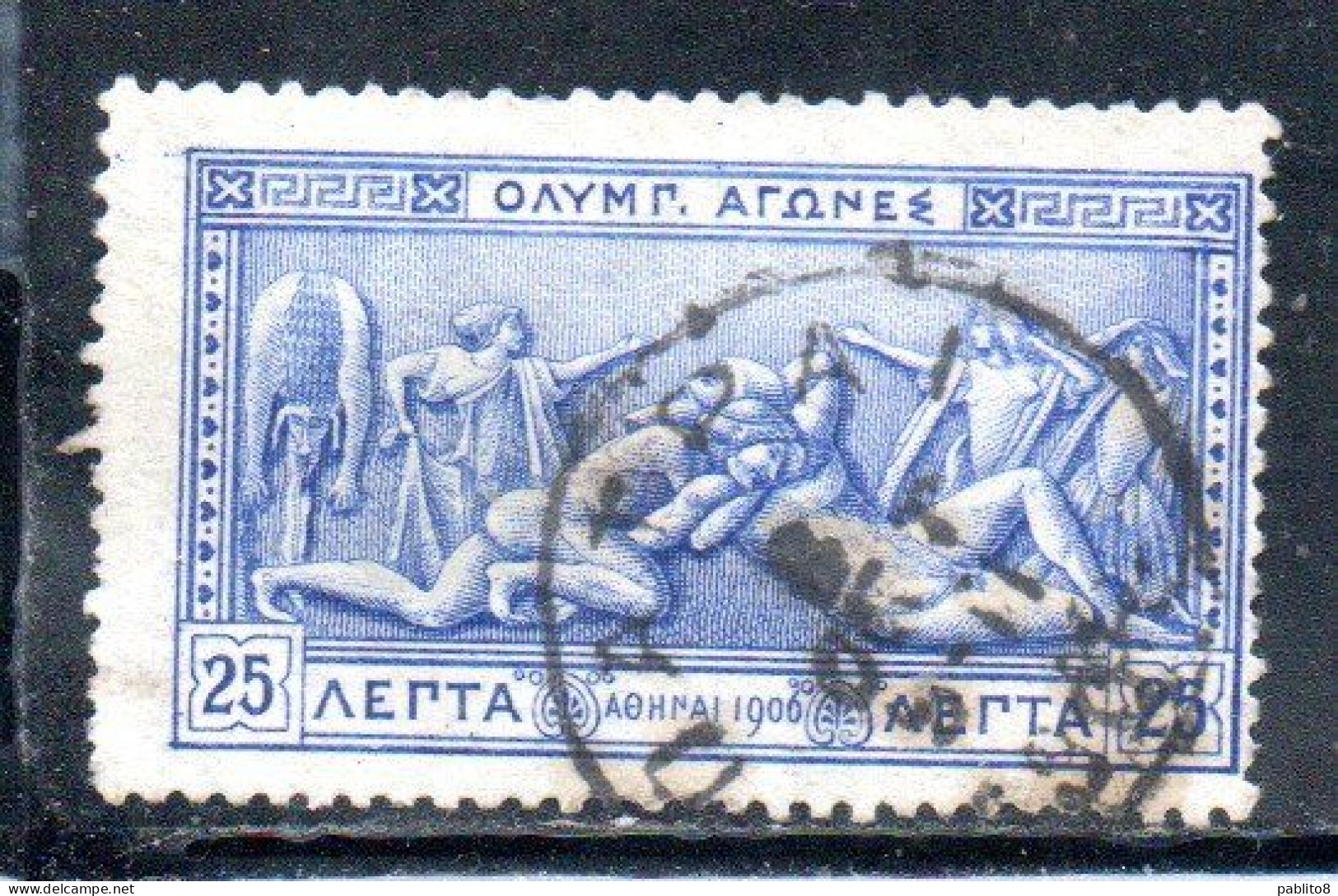 GREECE GRECIA ELLAS 1906 GREEK SPECIAL OLYMPIC GAMES ATHENS STRUGGLE OF HERCULES AND ANTEUS 25l USED USATO OBLITERE' - Gebruikt