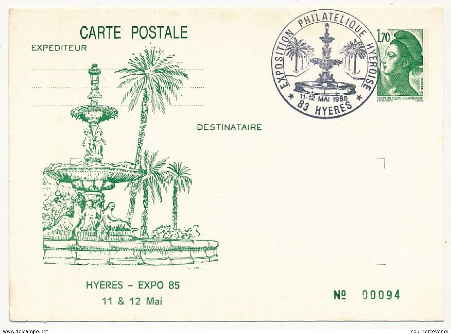 Entier Repiqué - 1,70 Liberté - HYERES -  Expo 85 - Overprinter Postcards (before 1995)