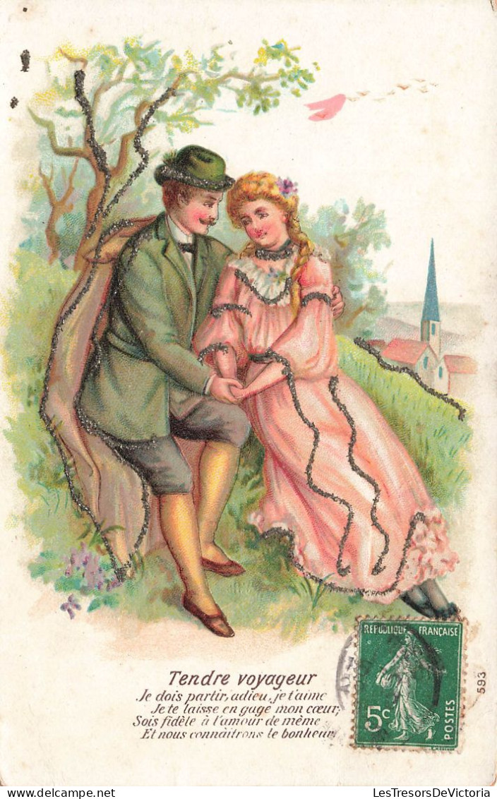 COUPLE - Tendre Voyageur - Illustration - Argenté - Robe Rose - Carte Postale Ancienne - Koppels